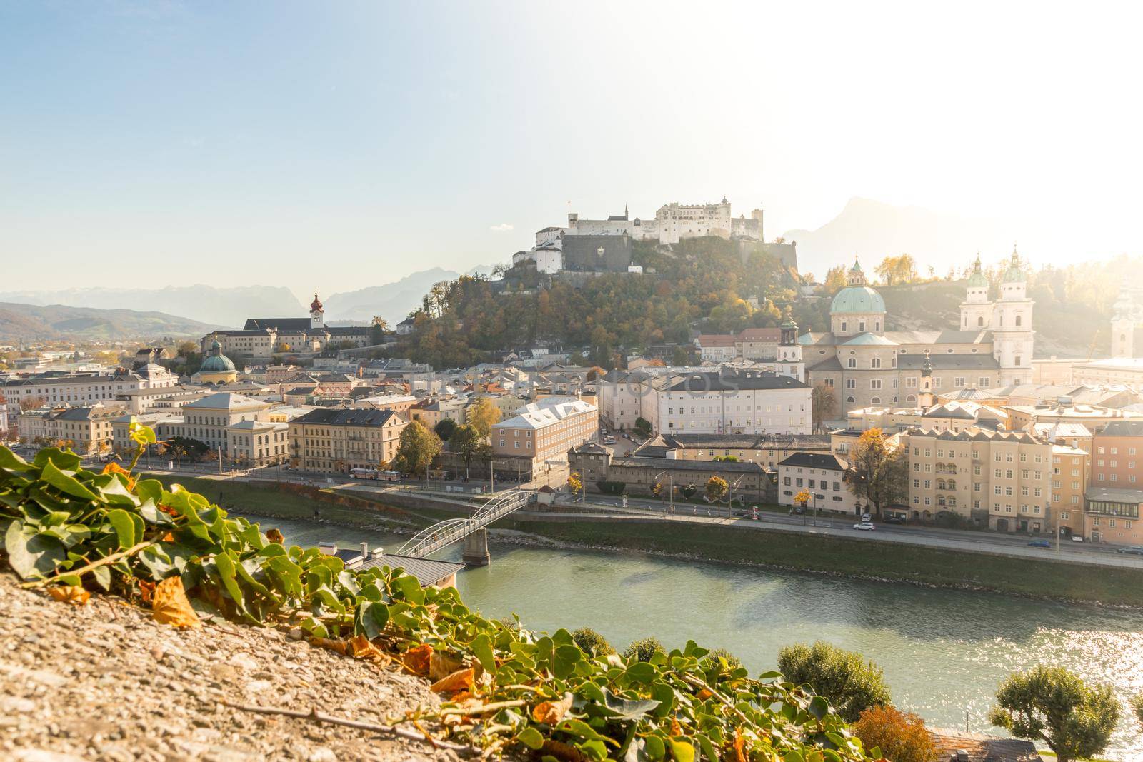 Salzburg historic district at autumn time, colorful leaves and colors with sunshine, Austria