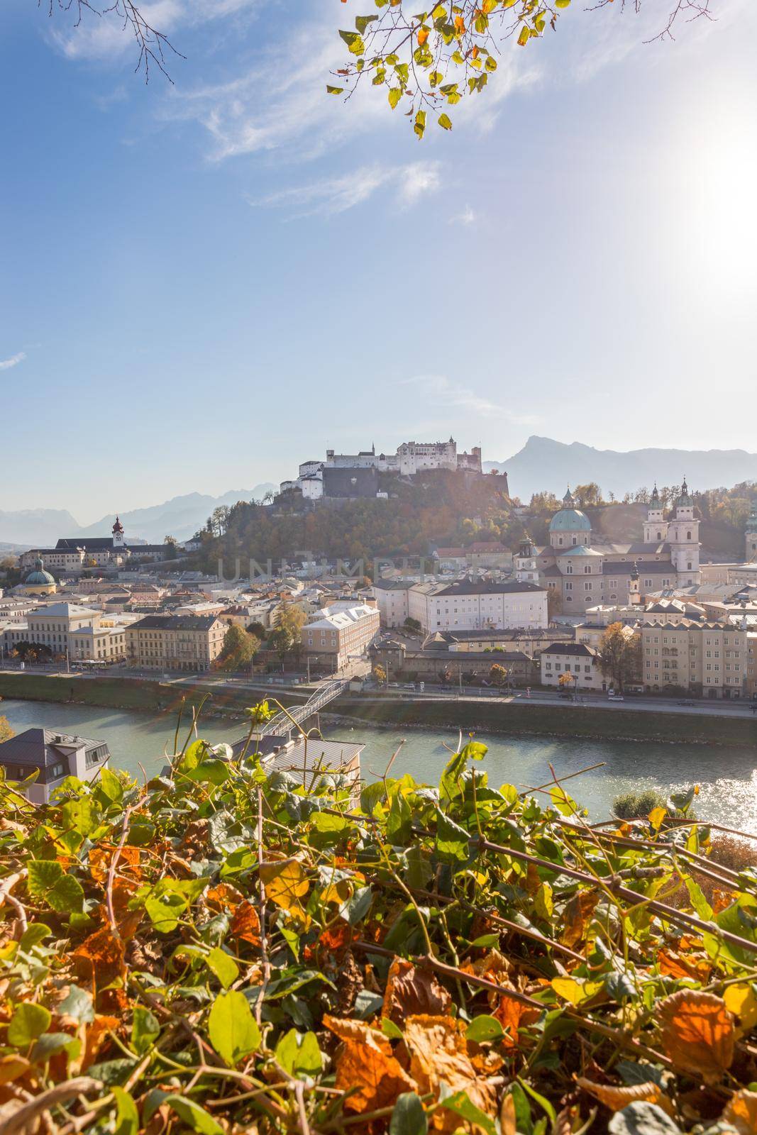 Salzburg historic district at autumn time, colorful leaves and colors with sunshine, Austria