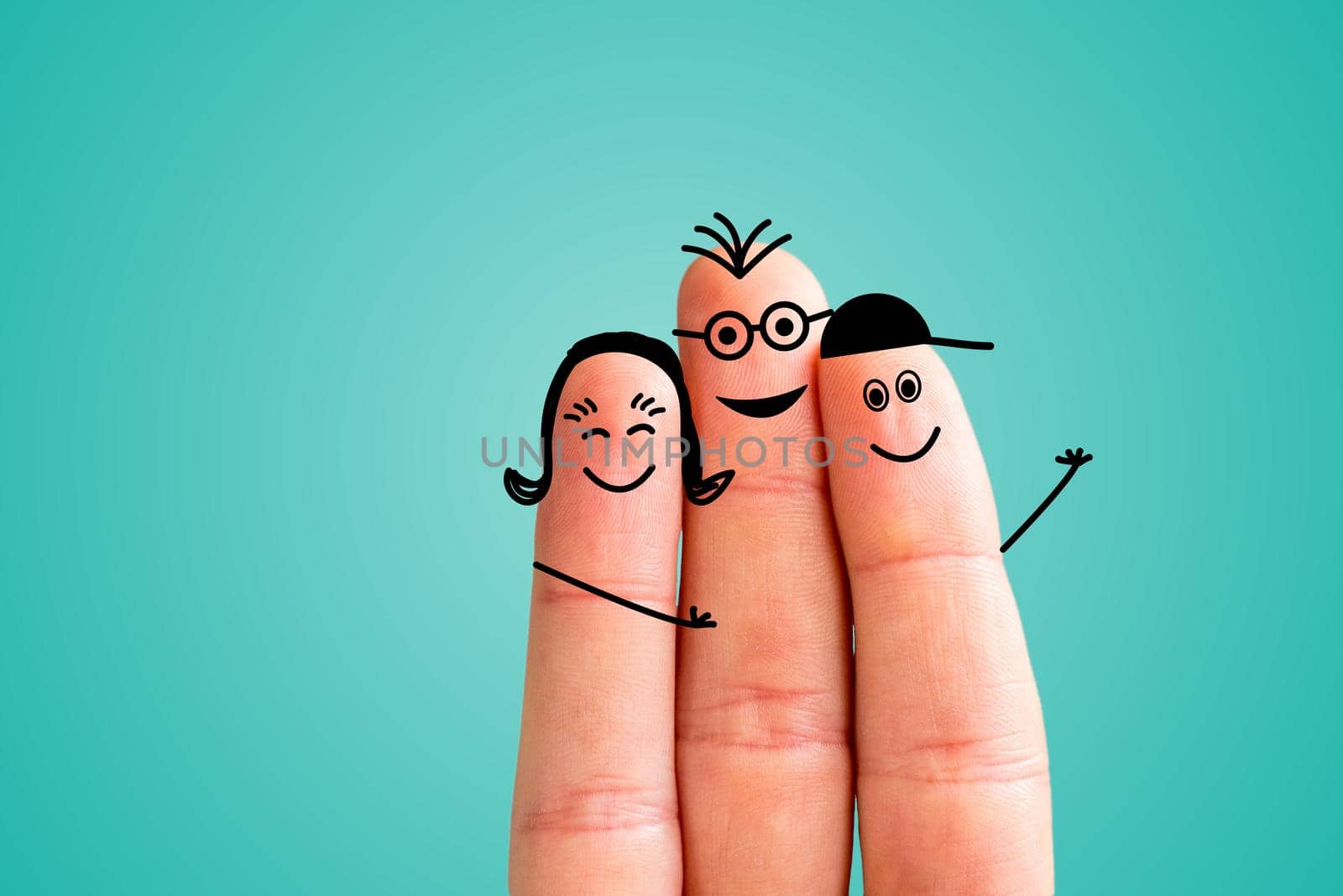 Painted fingers happy family concept, blue background
