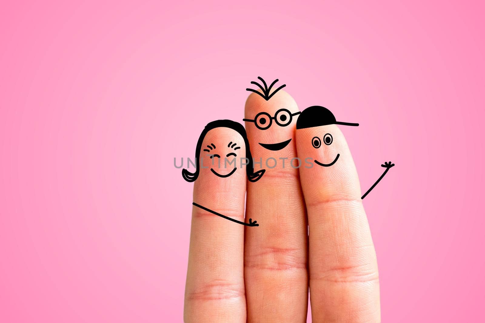 Painted fingers happy family concept, pink background