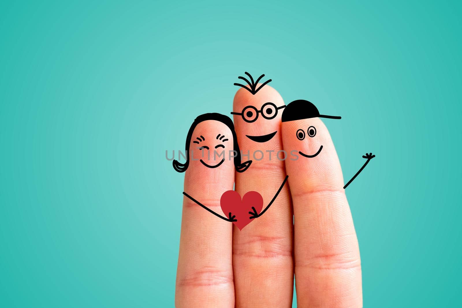 Painted fingers happy family concept, blue background
