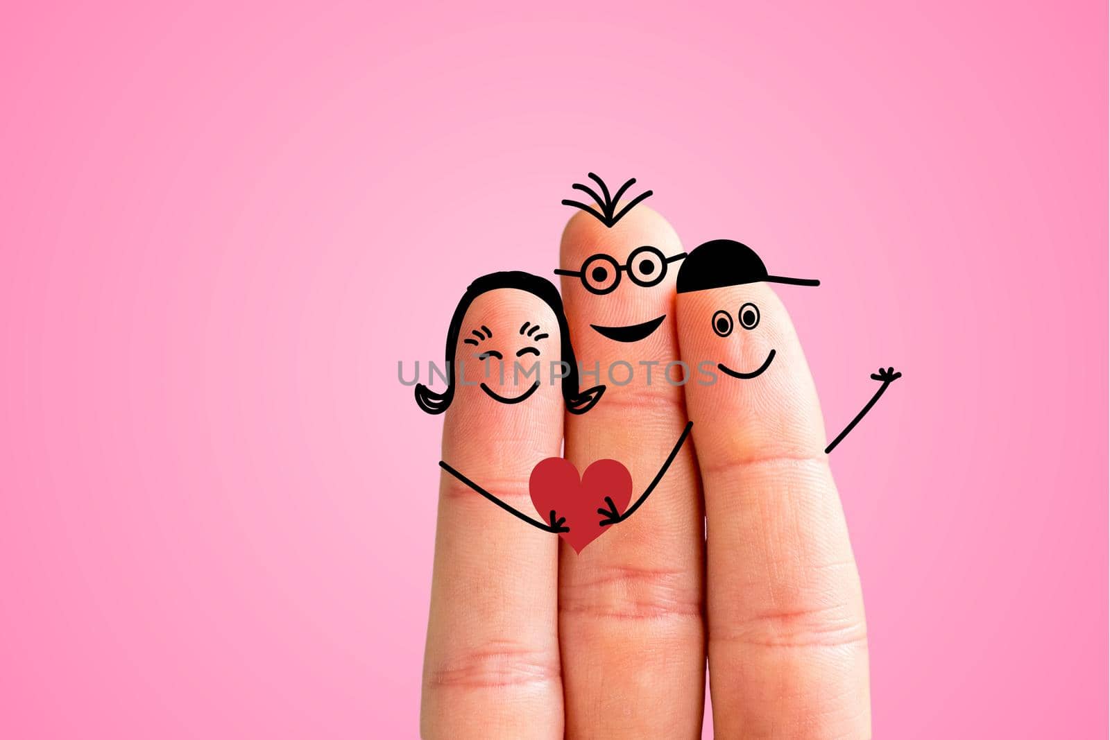 Painted fingers happy family concept, pink background