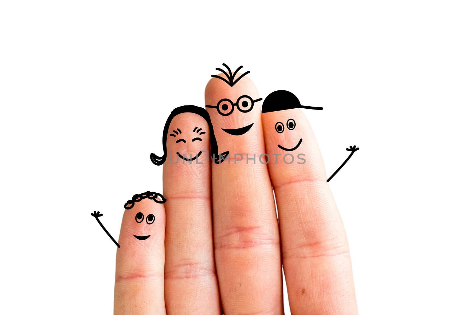 Painted fingers happy family concept, white background, isolated