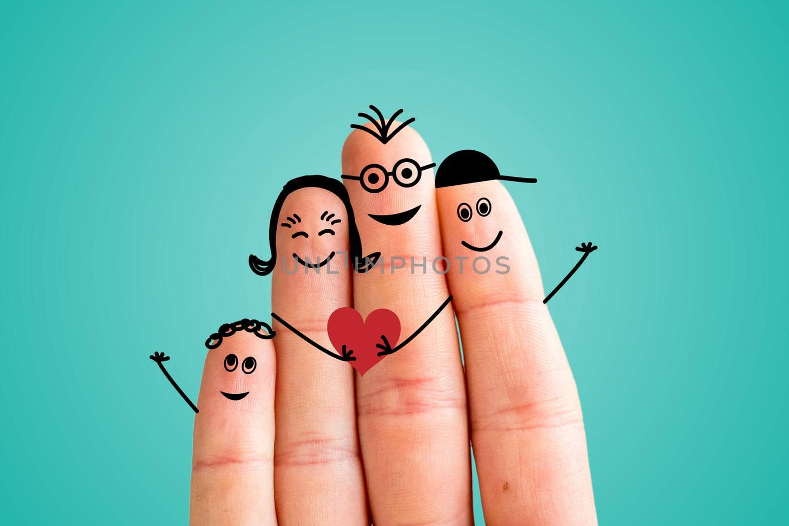 Painted fingers happy family concept, blue background