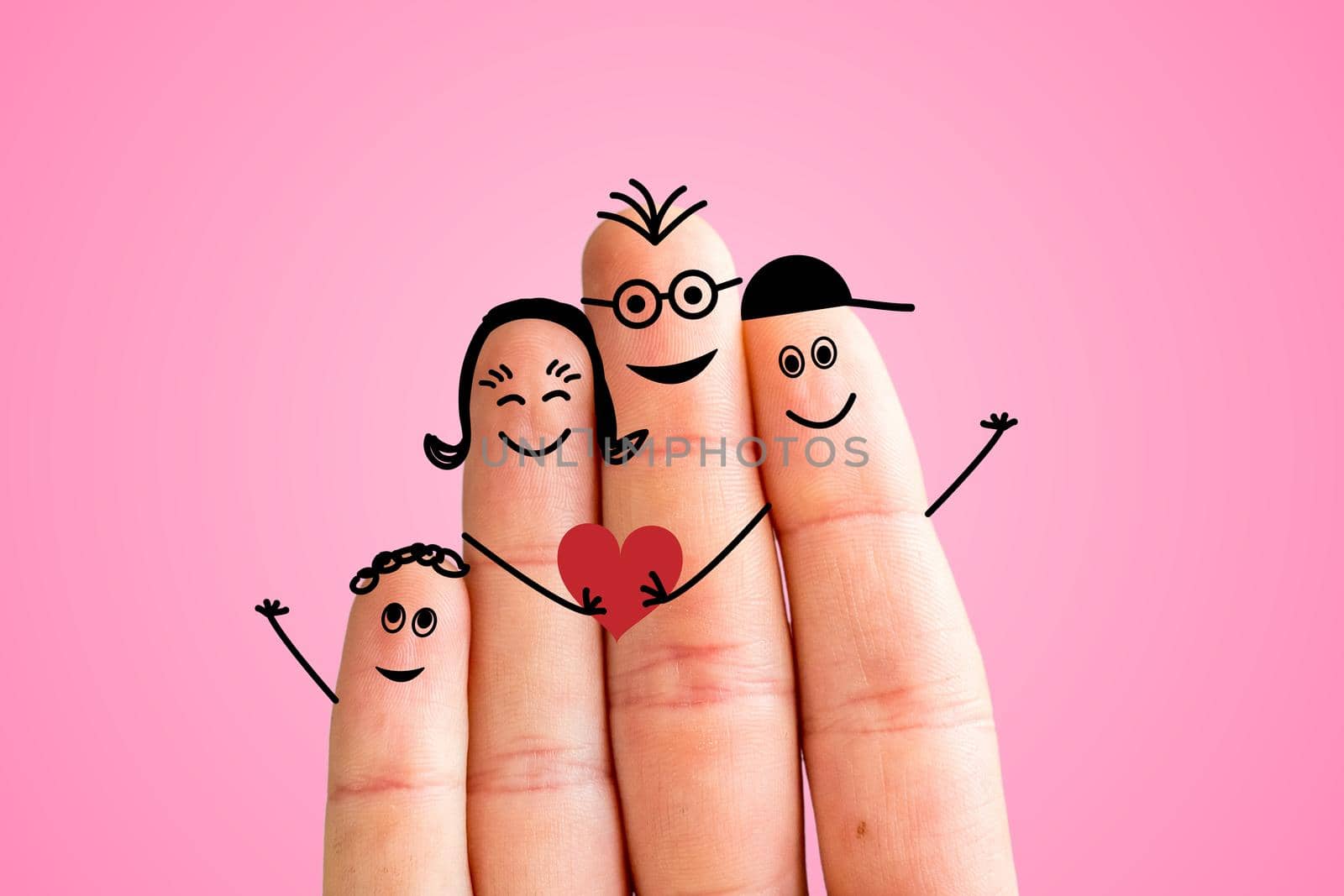 Painted fingers happy family concept, pink background