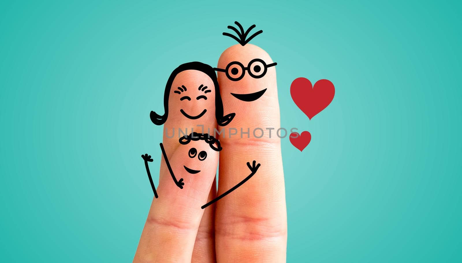 Painted fingers happy family concept, blue background