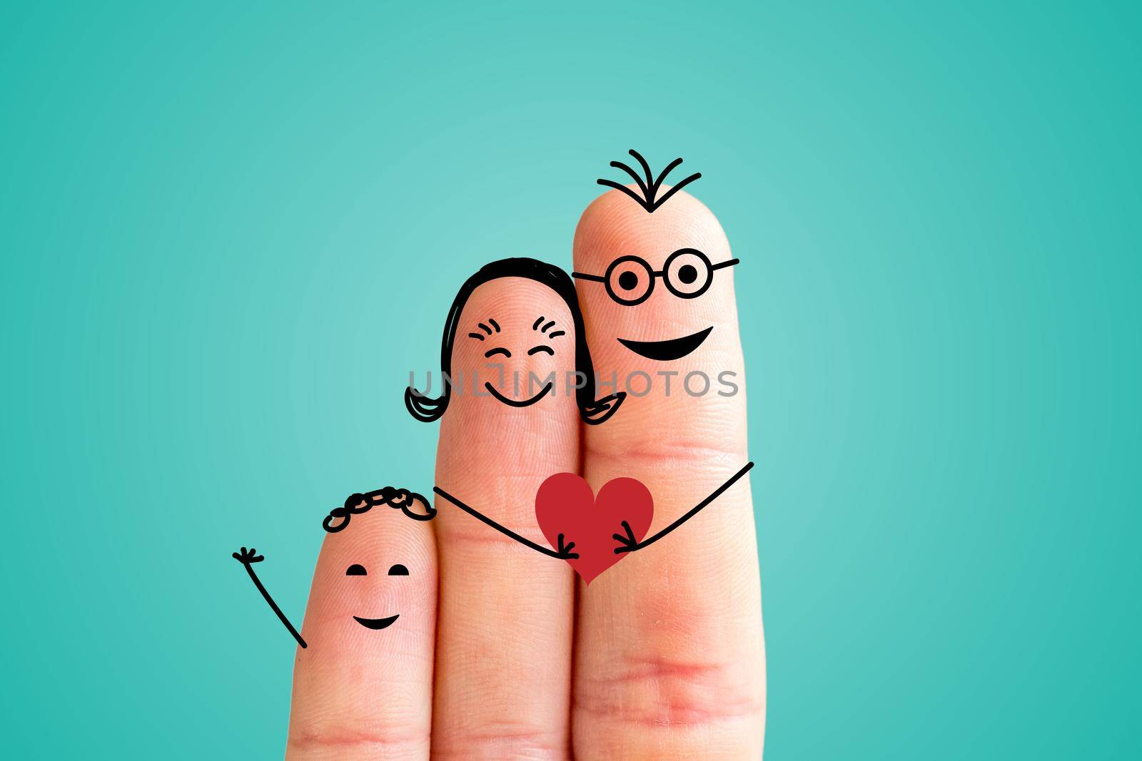 Painted fingers happy family concept, blue background