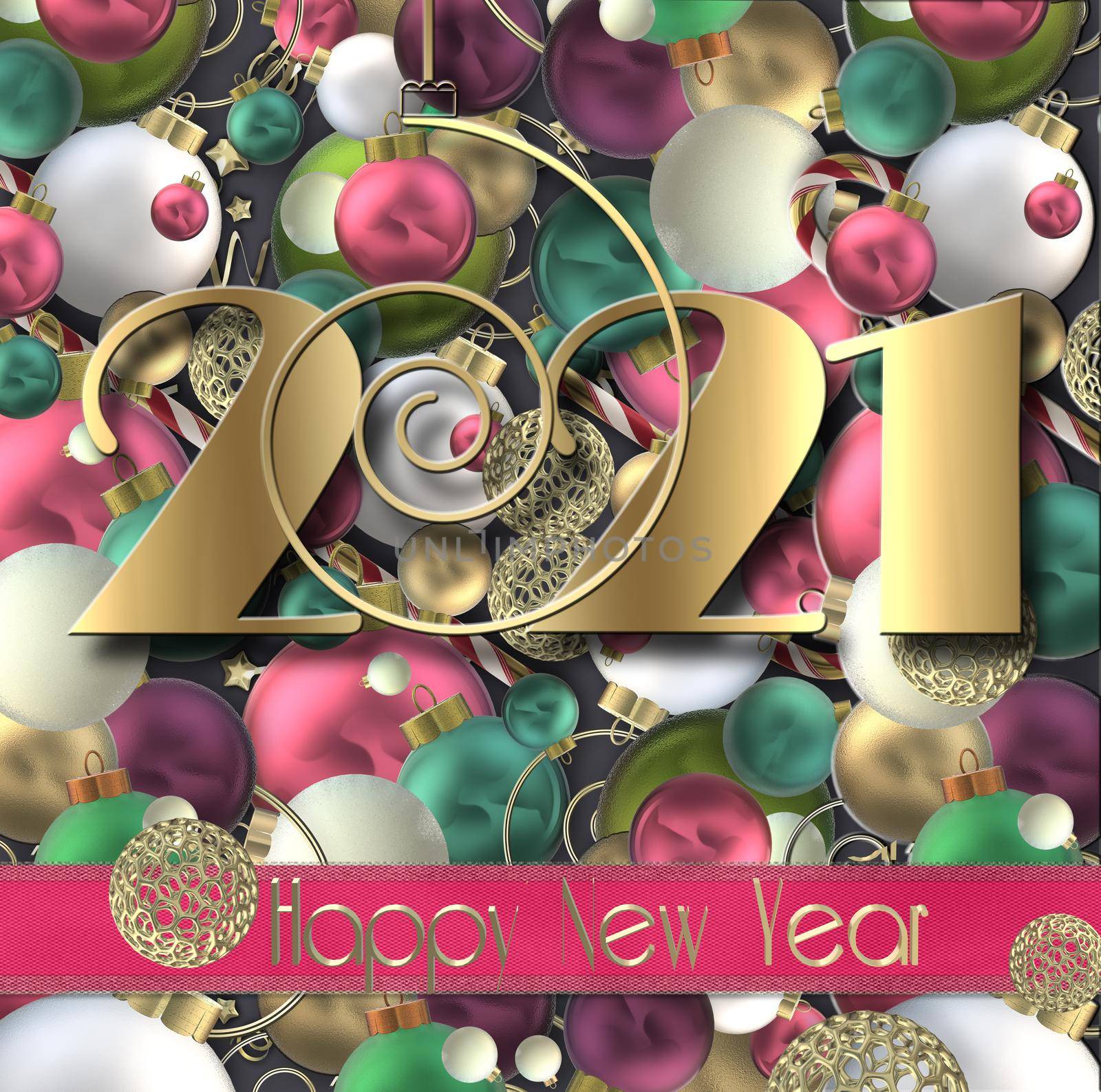 New Year 2021 holiday card with hanging gold digit 2021 over Xmas balls baubles, gold text Happy New Year on pink ribbon. 3D render. Place for text, copy space.