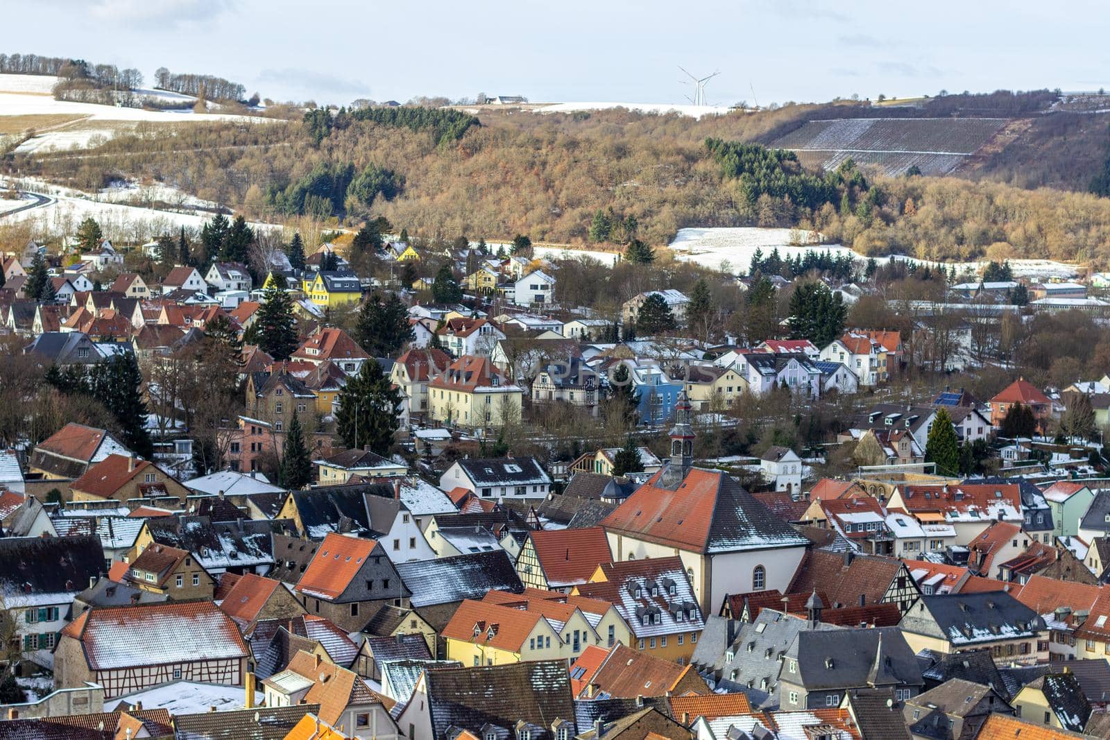 High angle view of the city Meisenheim, Germany in winter with snow