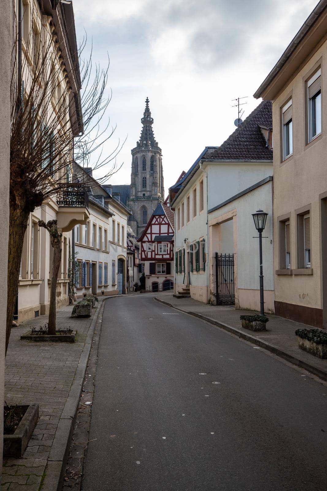 Cobbled road with historic houses and Schlosskirche in Meisenheim, Rhineland-Palatinate, Germany 