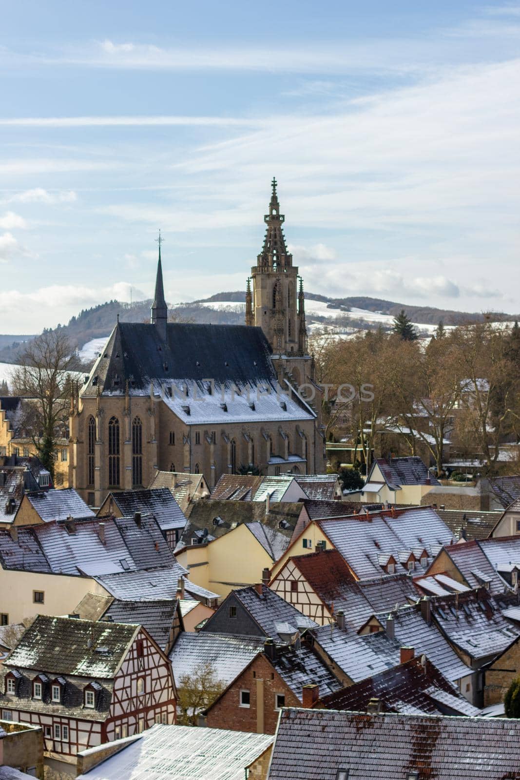 High angle view of the city Meisenheim, Germany in winter with snow