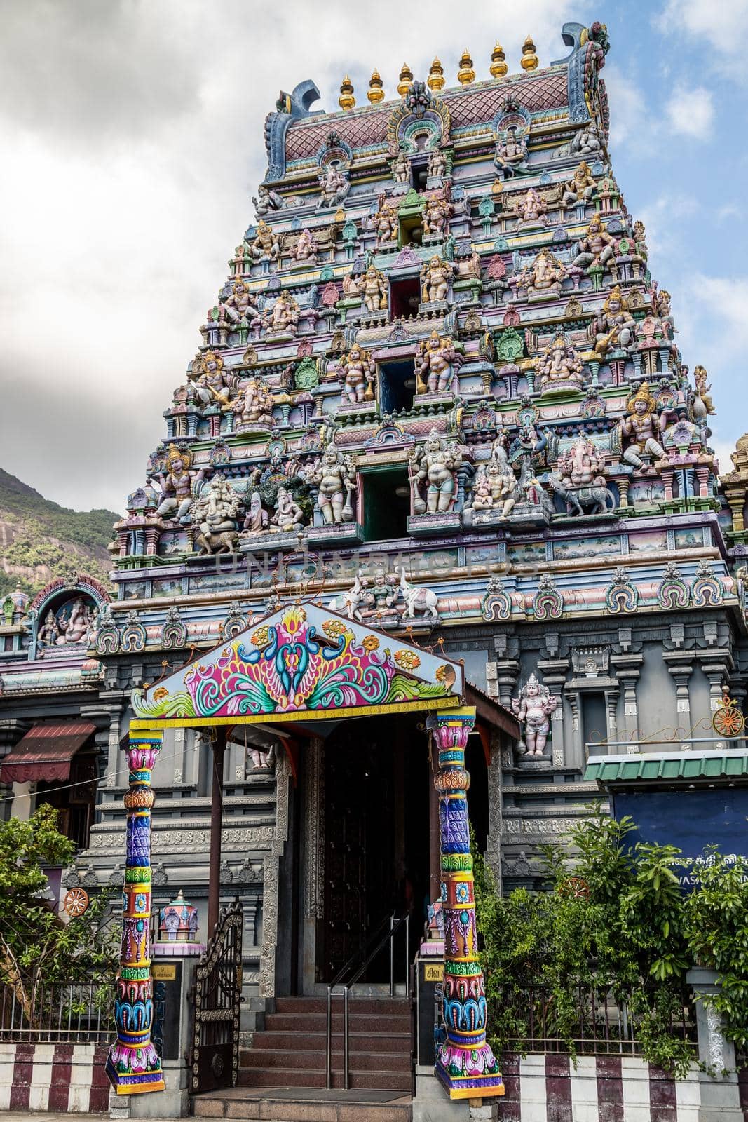 Hindu temple with colorful facade called Arulmihu Navasakti Vinayagar Temple in Victoria on Seychelles island mahé 