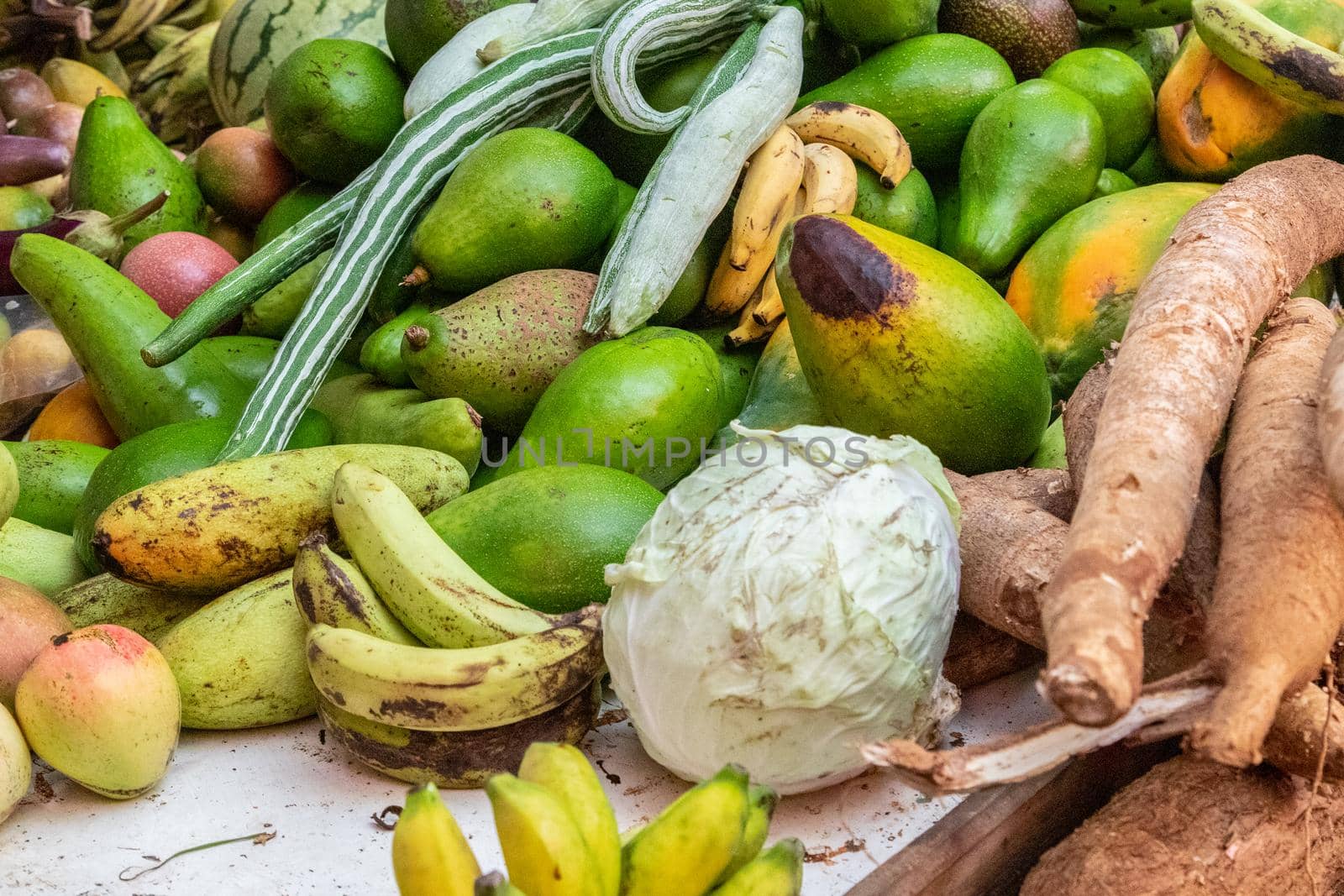 Fruit and vegetables at a market in victoria on seychelles island mahé in the indian ocean