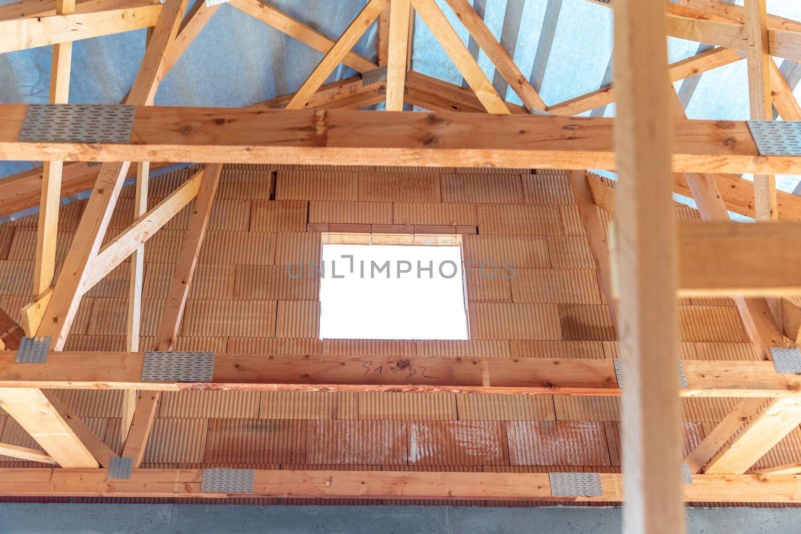 wooden roof structure on a new building.