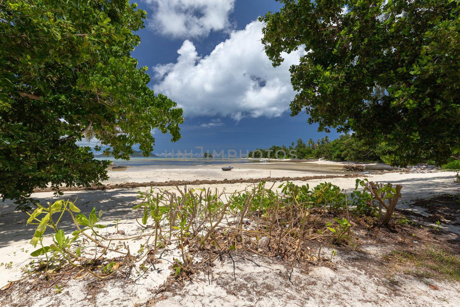 Beautiful beach Anse Source D'Argent on Seychelles island La Digue with white sand, blue water and blue sky with white clouds