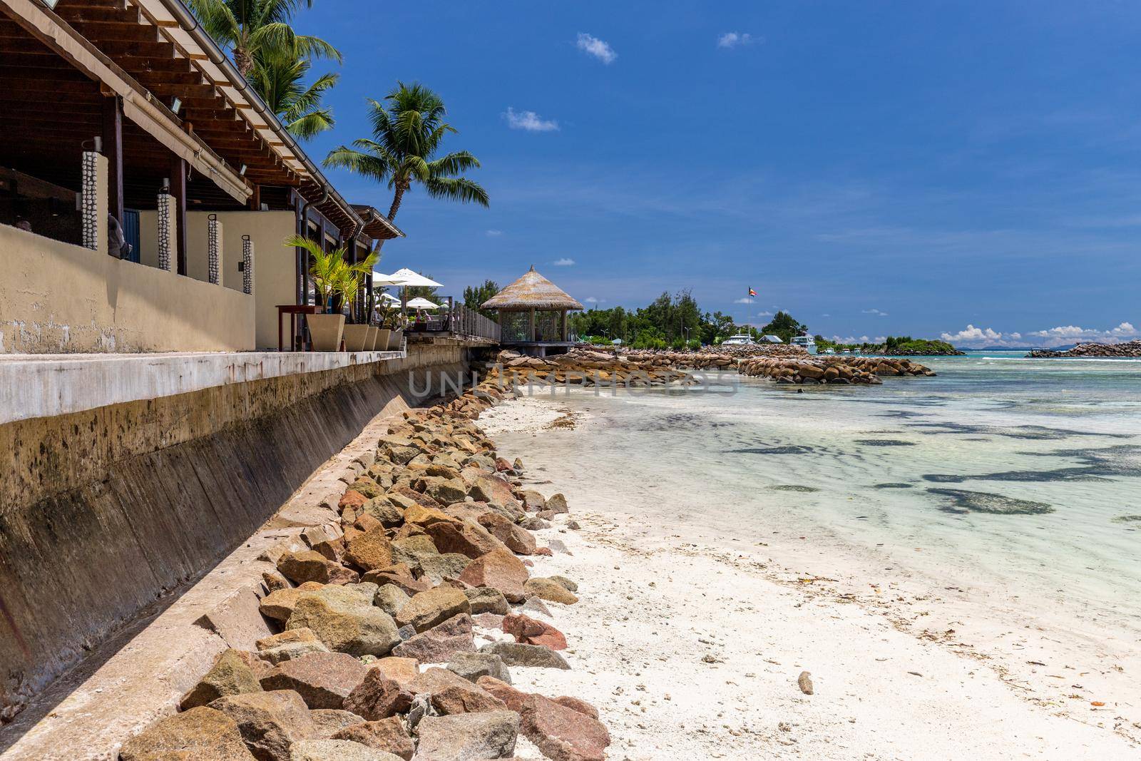 Paradise beach with white sand, palms, rocks, turqoise water on Seychelles island Praslin