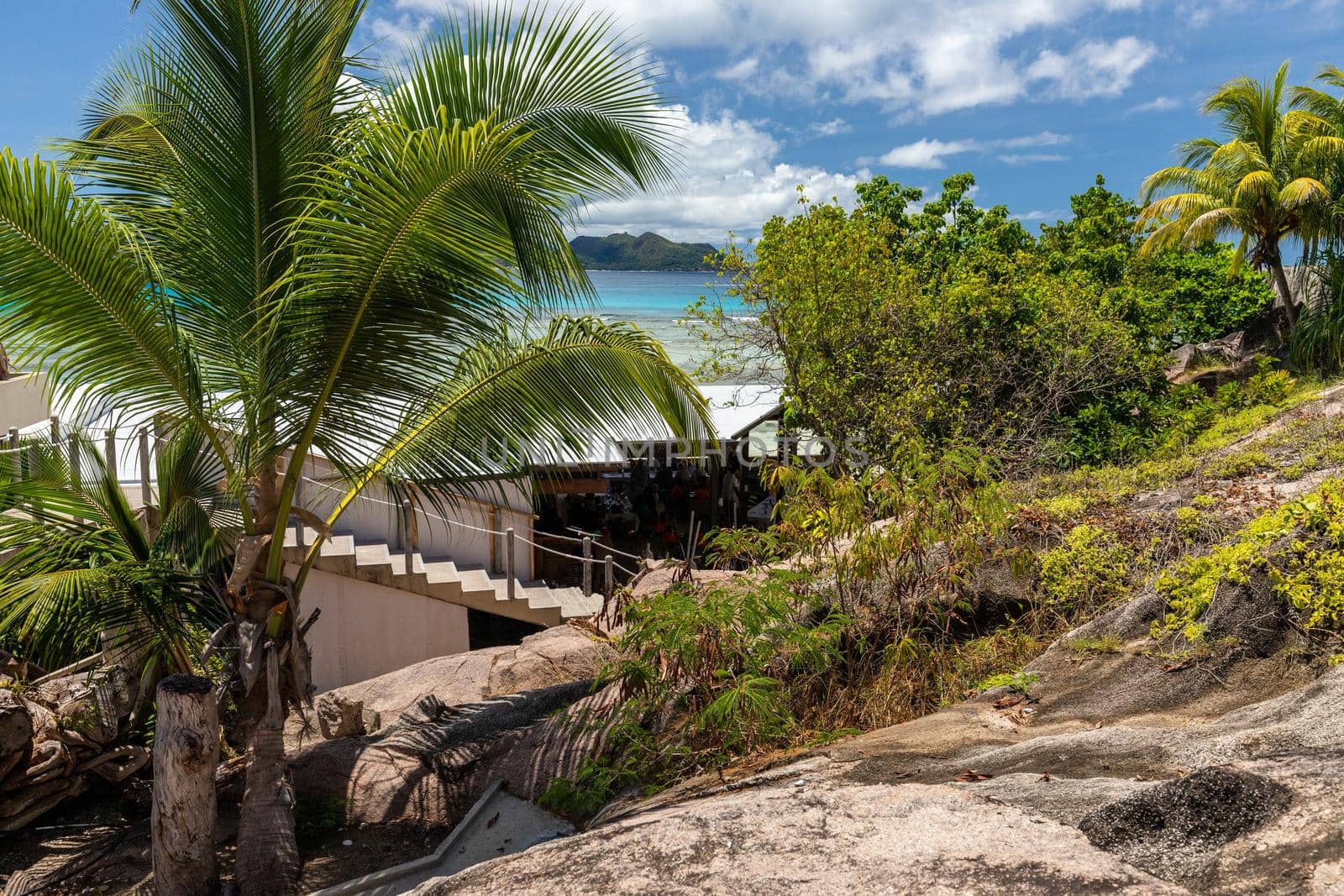 Paradise beach with white sand, palms, rocks, turqoise water on Seychelles island Praslin