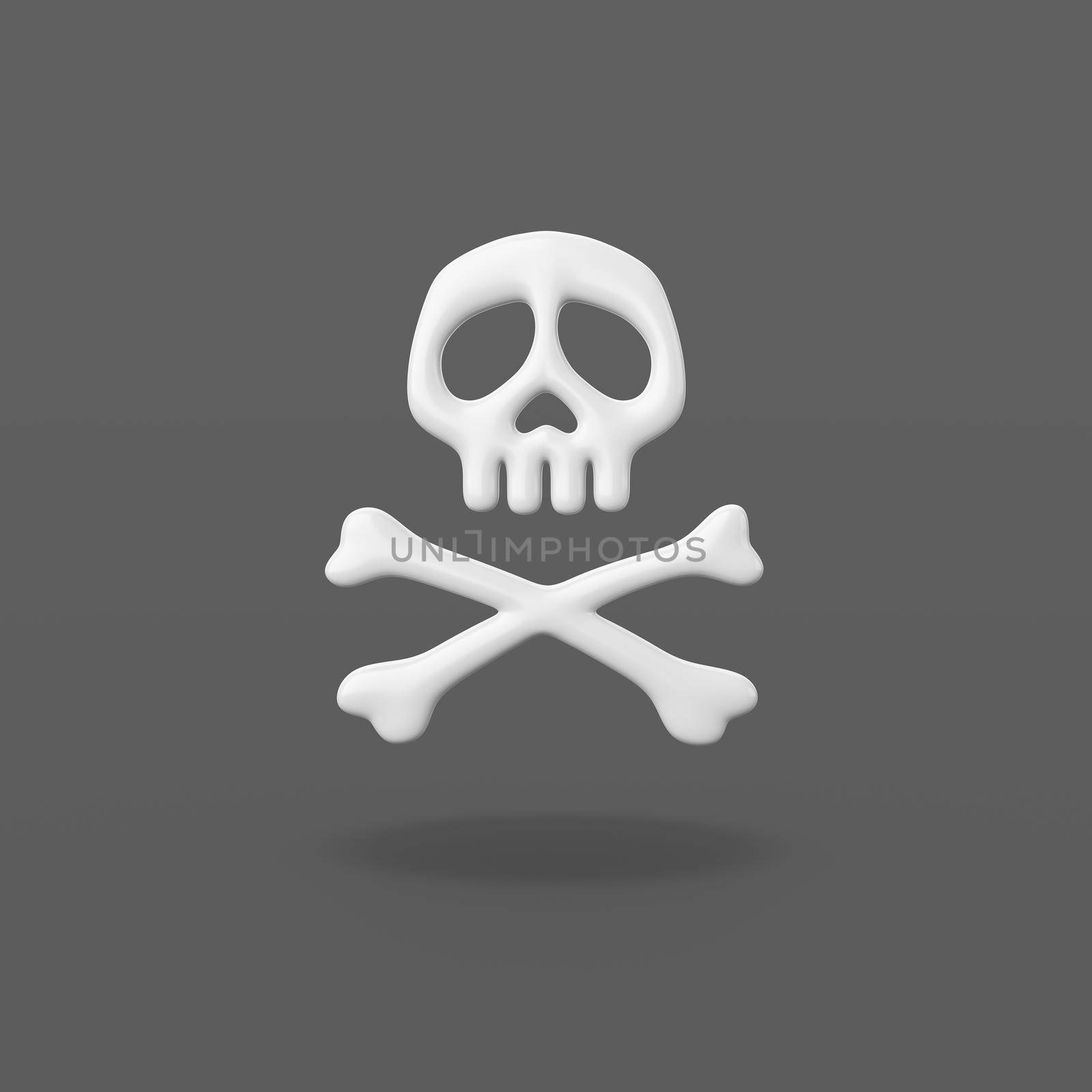 White Cartoon Pirate Skull Symbol Shape on Flat Dark Gray Background with Shadow 3D Illustration
