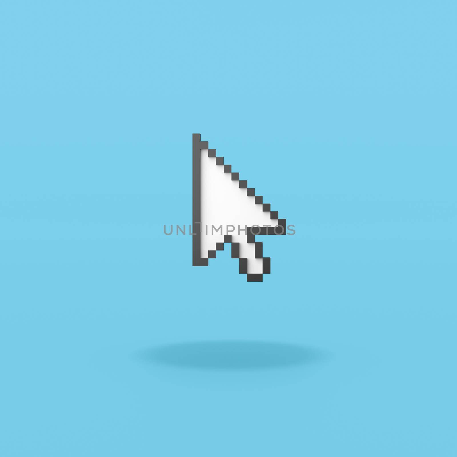 Arrow Mouse Pointer Pixelated on Flat Blue Background with Shadow 3D Illustration