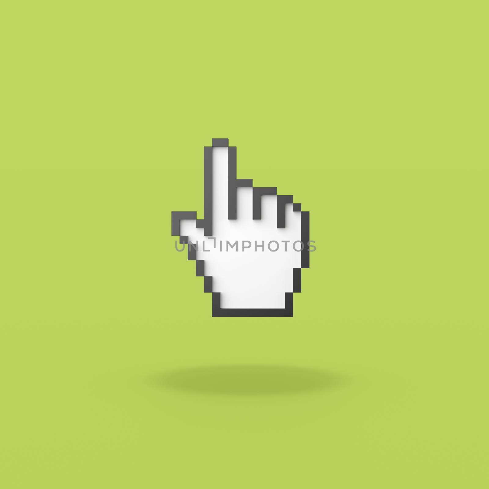 Hand Mouse Pointer Pixelated on Flat Green Background with Shadow 3D Illustration