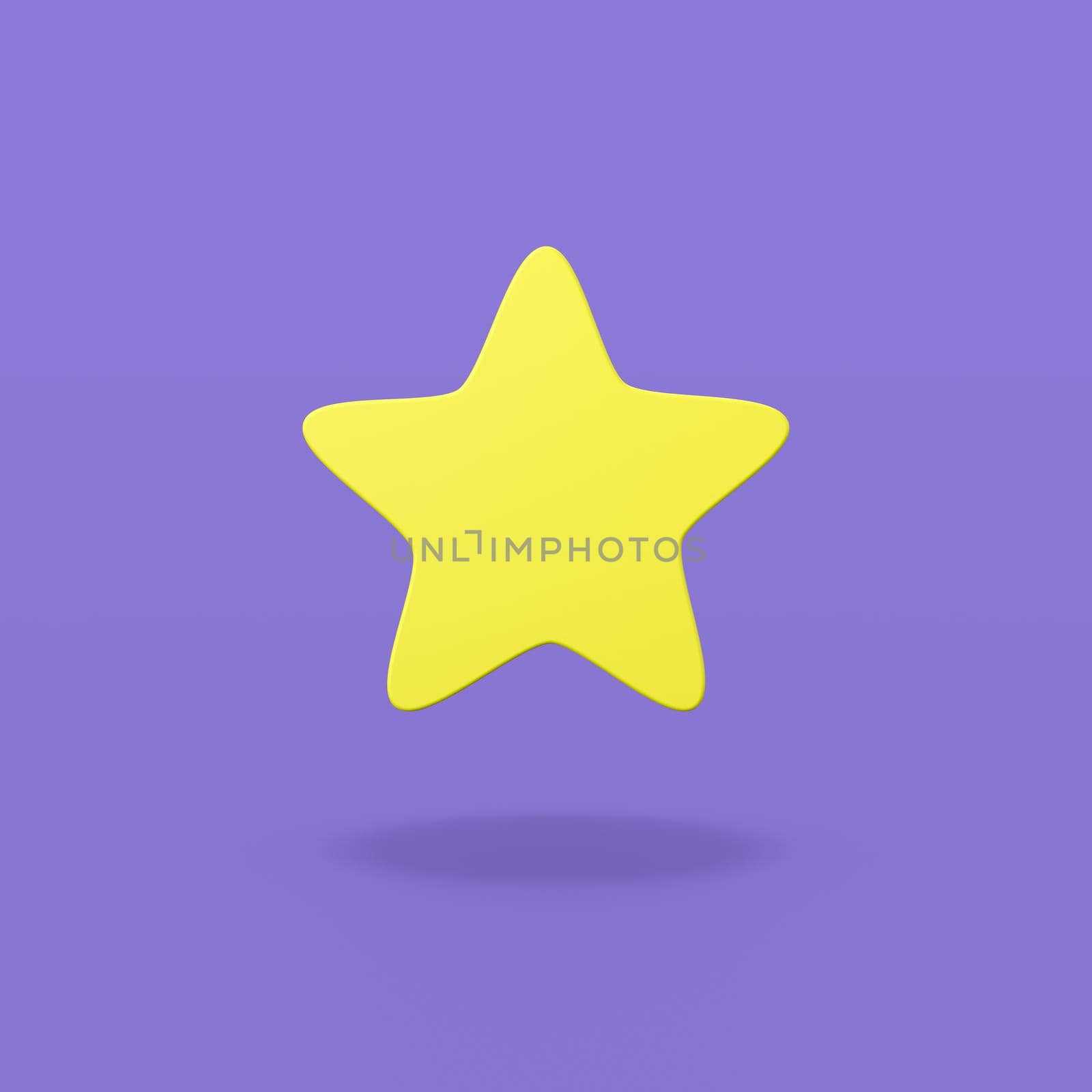 One Single Yellow Star Shape on Flat Purple Background with Shadow 3D Illustration