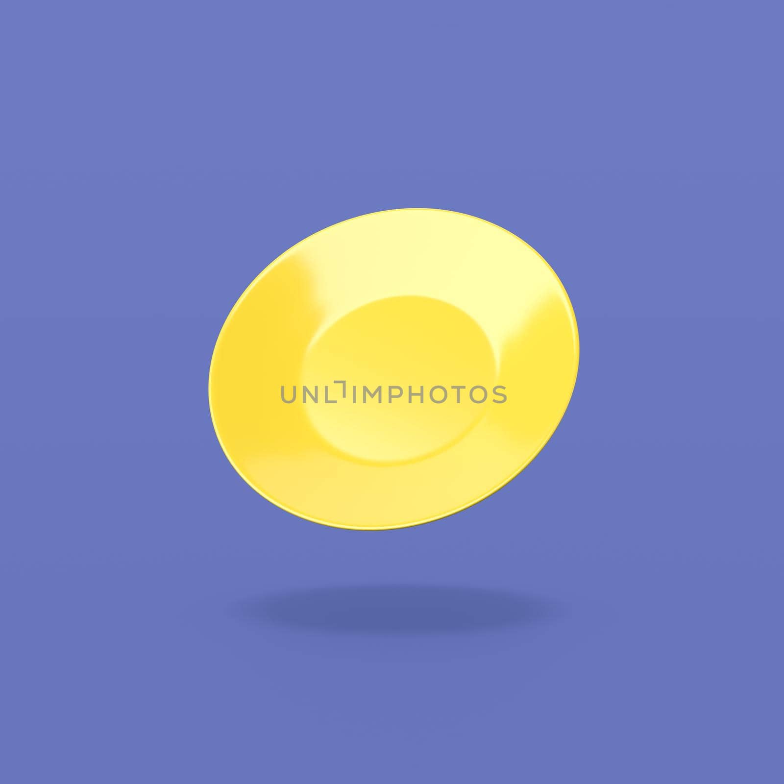One Single Yellow Plate on Flat Blue Background with Shadow 3D Illustration
