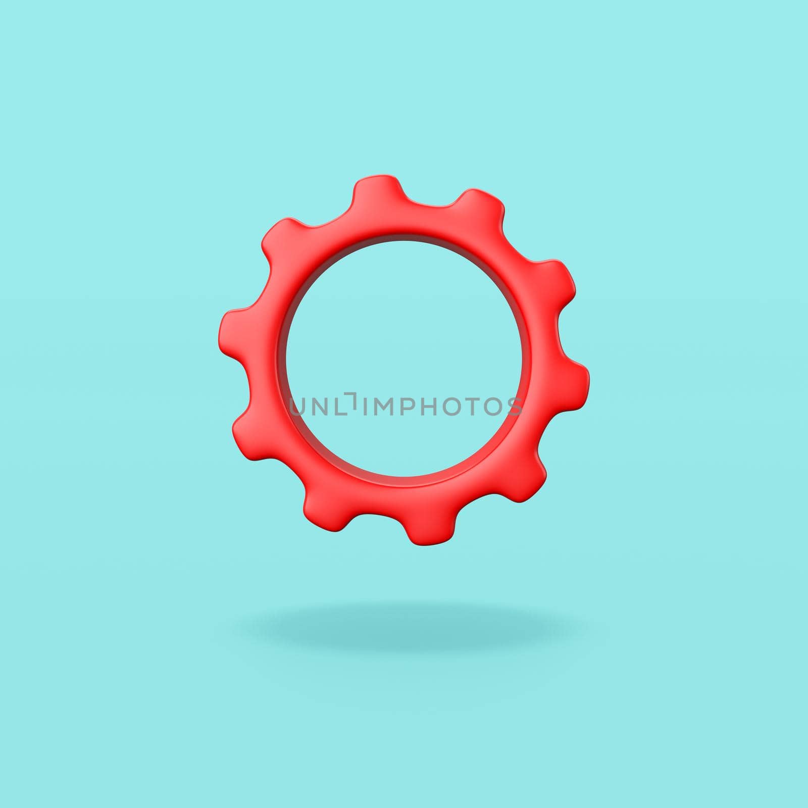 One Single Red Gear on Flat Light Blue Background with Shadow 3D Illustration