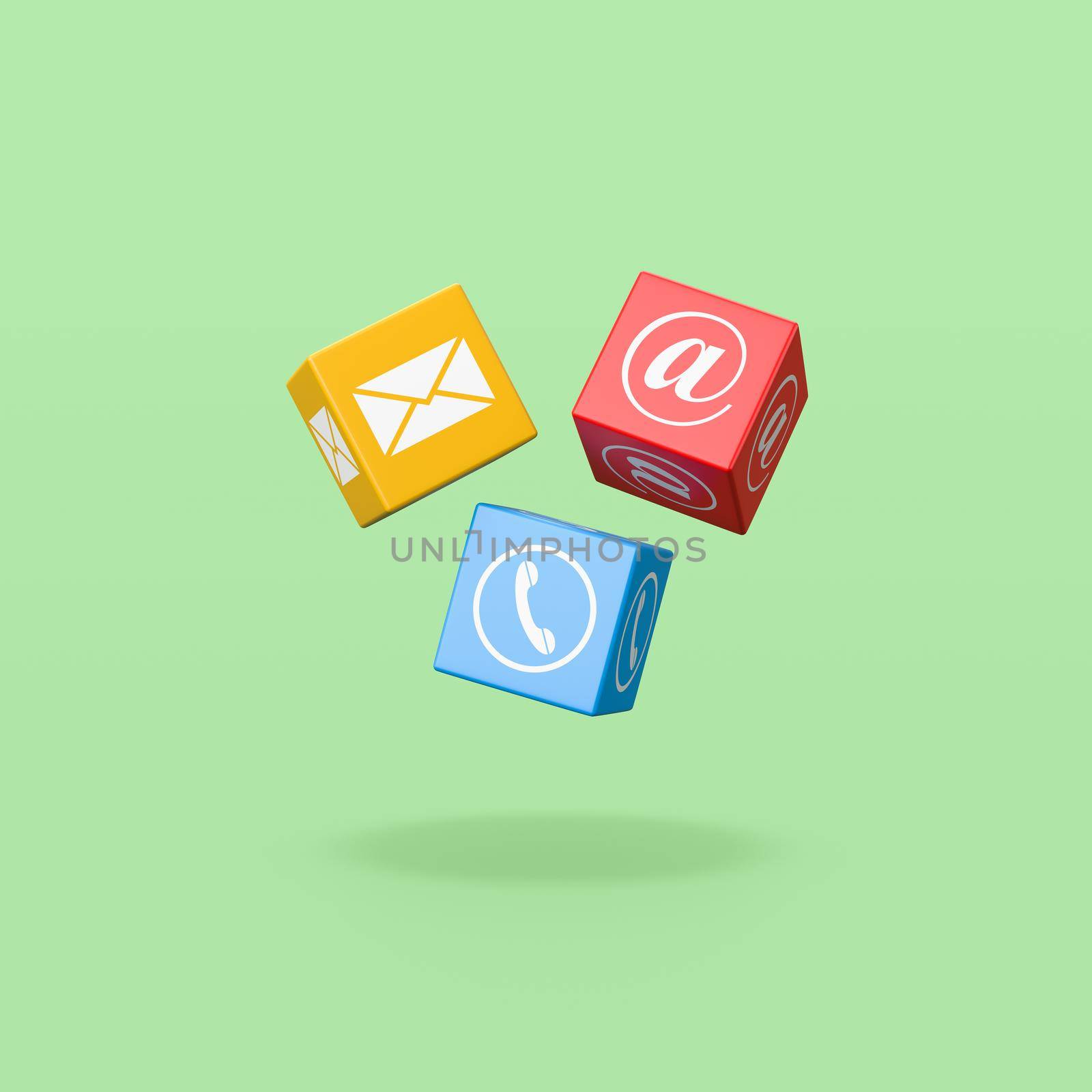 Contact Channels Colorful Cubes Set on Flat Green Background with Shadow 3D Illustration