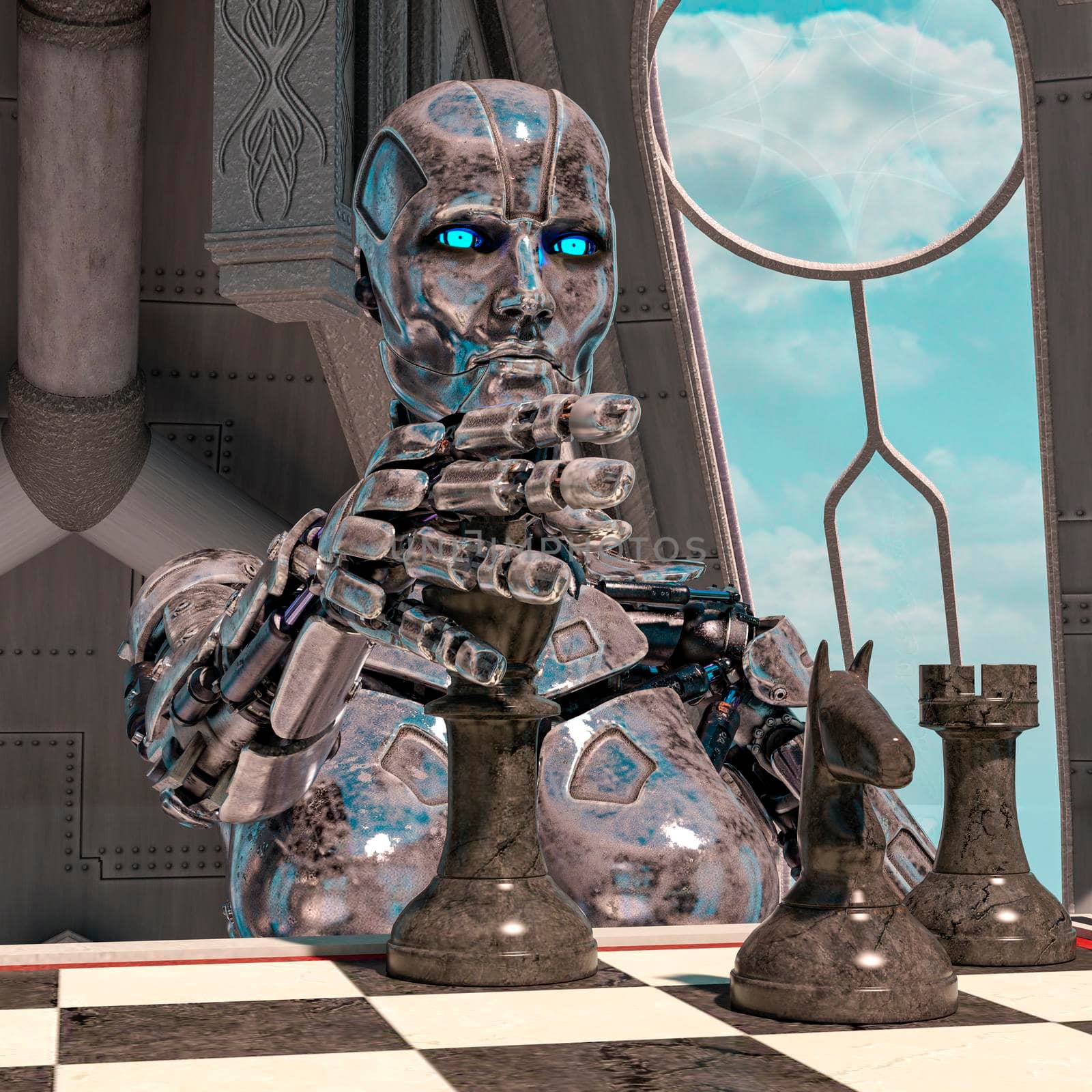 A robot is playing chess. High technology 3d illustration. by ankarb