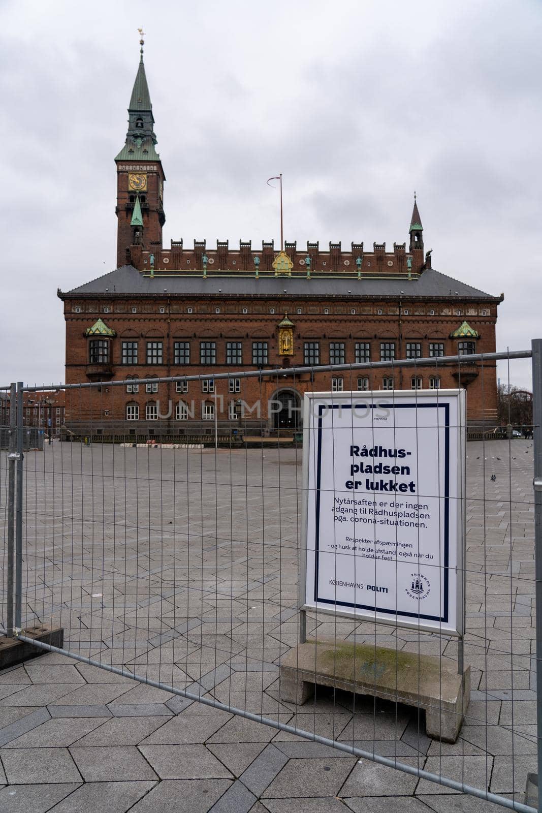Copenhagen, Denmark - December 31, 2020: The town hall square is locked with barriers for New Year's celebration due covid-19.