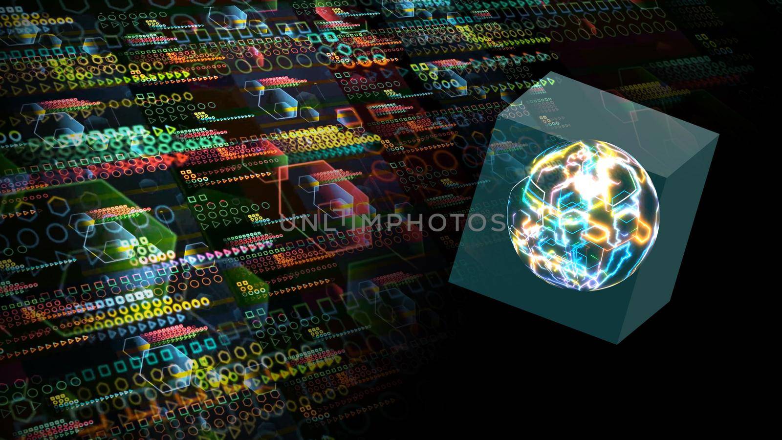 Quantum computer in the cube futuristic technology digital orange green yellow tone layer dimension holographic process and analysis for big data and abstract polygon background