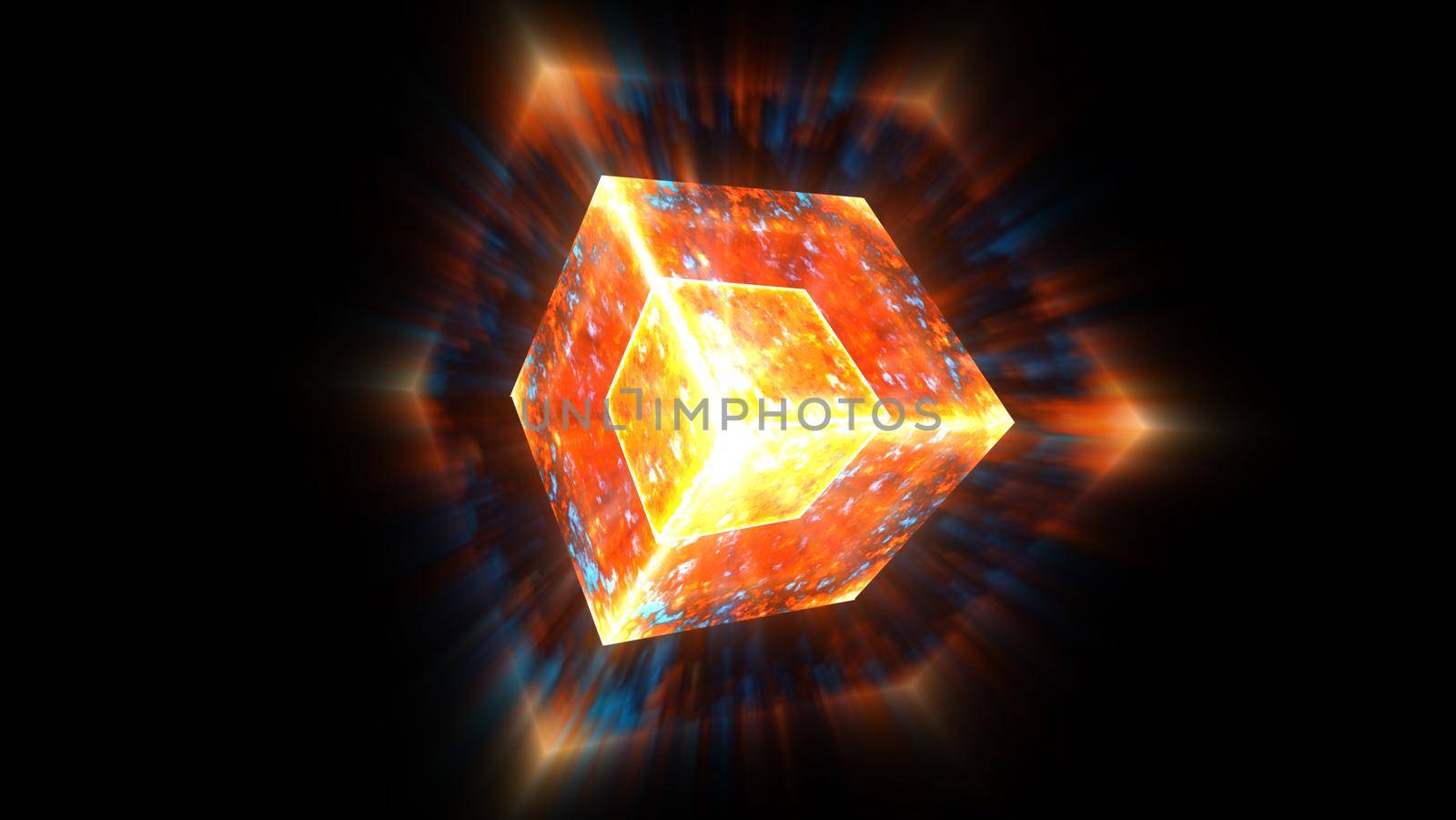 Eternal flame power overwhelming cube mystery core full energy surface and blur ray around on black background
