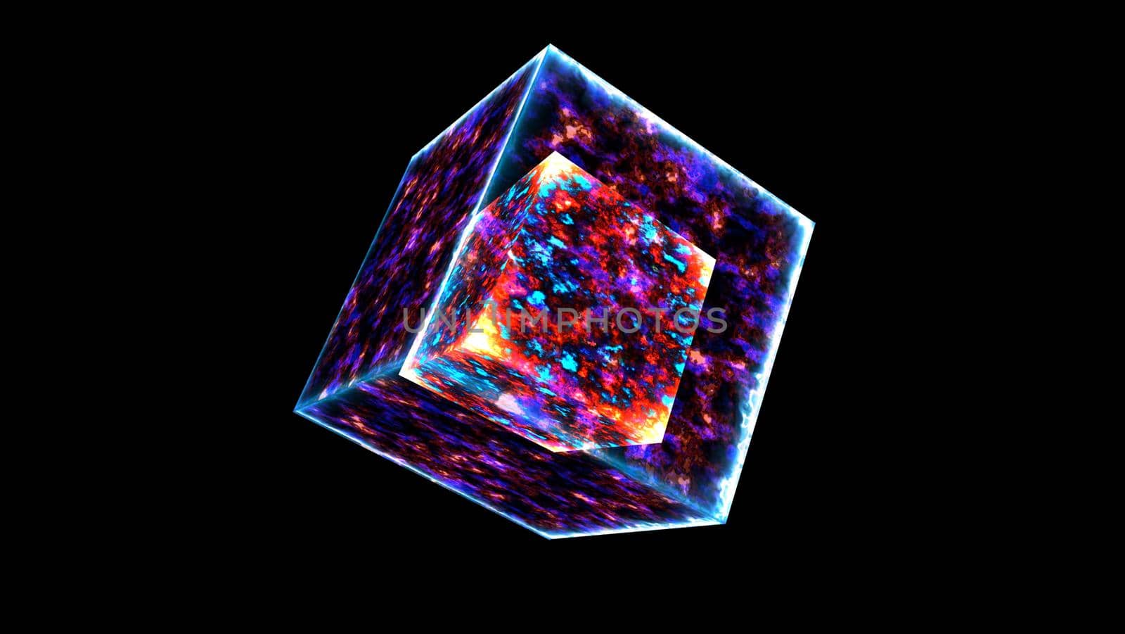 powerful magic ice bolt cube fusion and violet power mystery energy surface and eternal flame cube in the core on black background