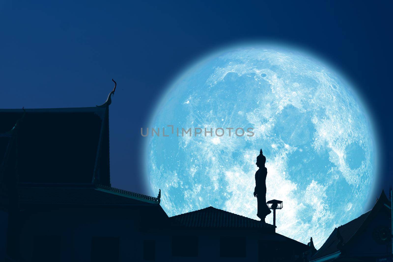 Sunday Buddha and super blue moon on night sky in the Asanha bucha day, Elements of this image furnished by NASA