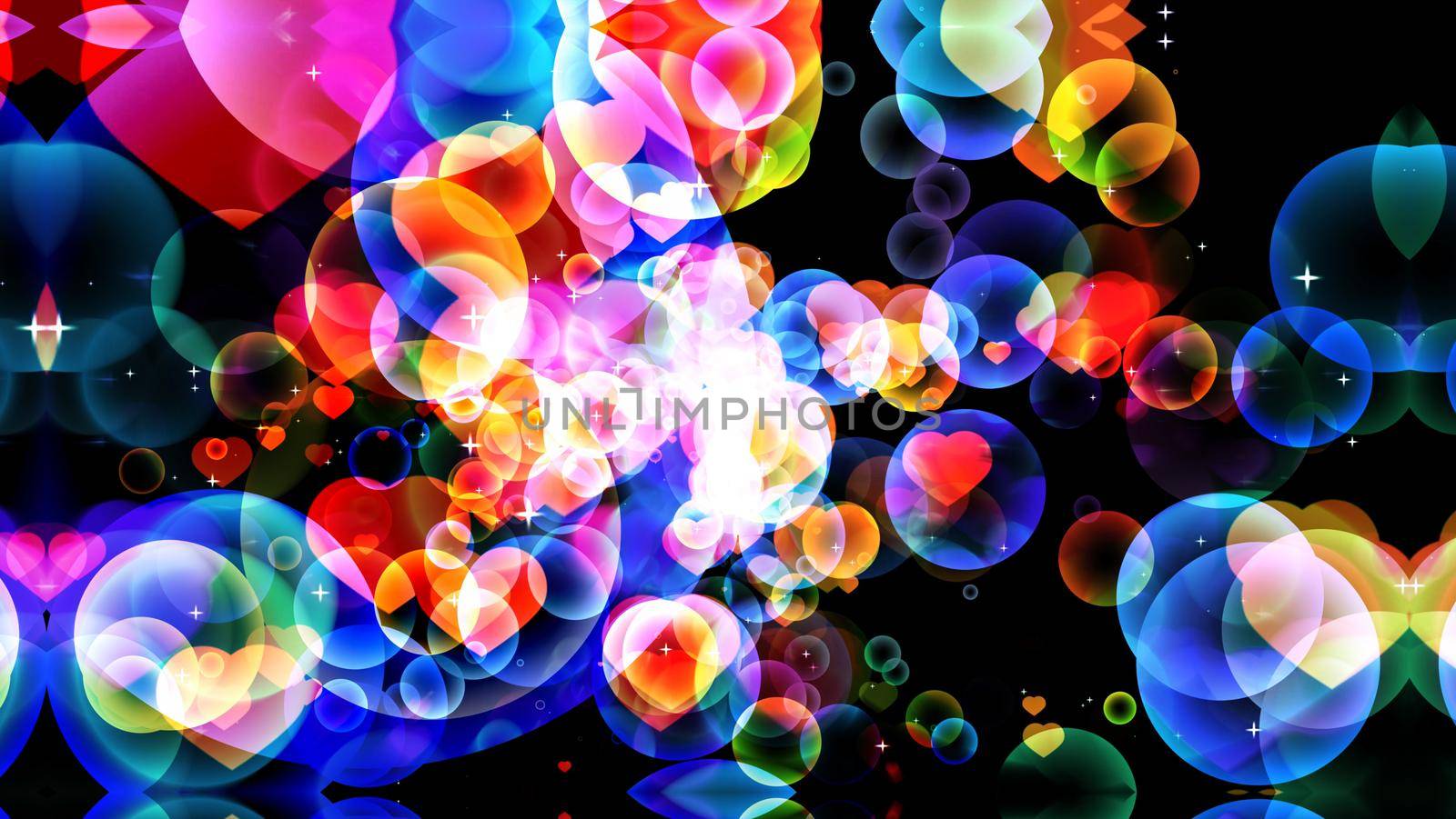 rainbow bubbles  abstract dimension dark tone with hearts on black background with white star theme valentine day and love concept