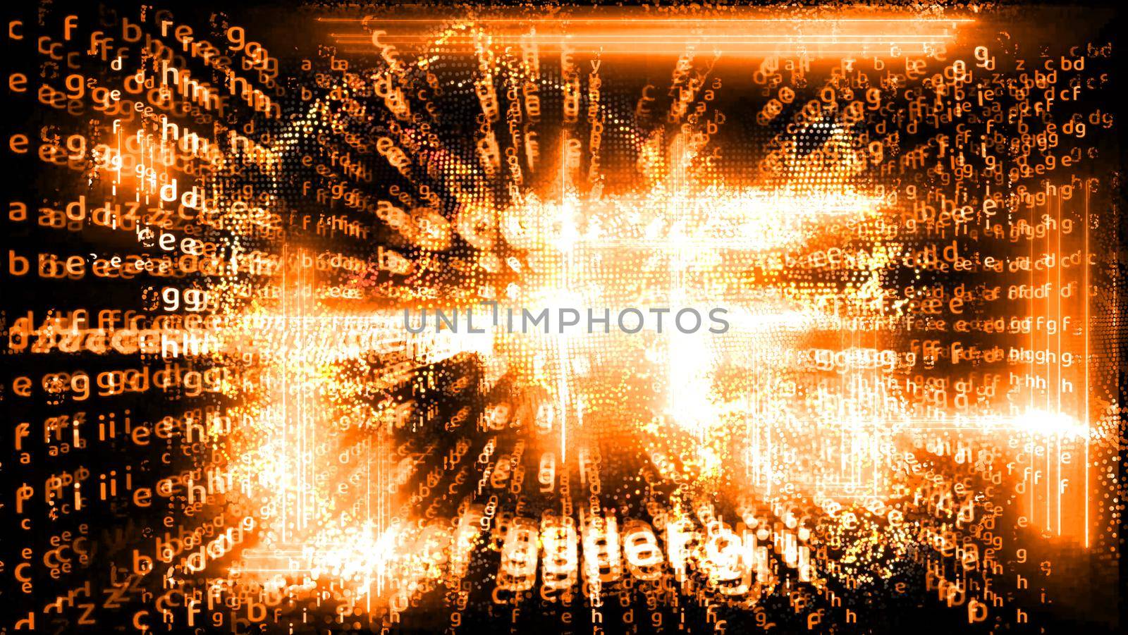 Quantum computer futuristic abstract orange tone relation power block chain and matrix alphabet dimension vertical on black background