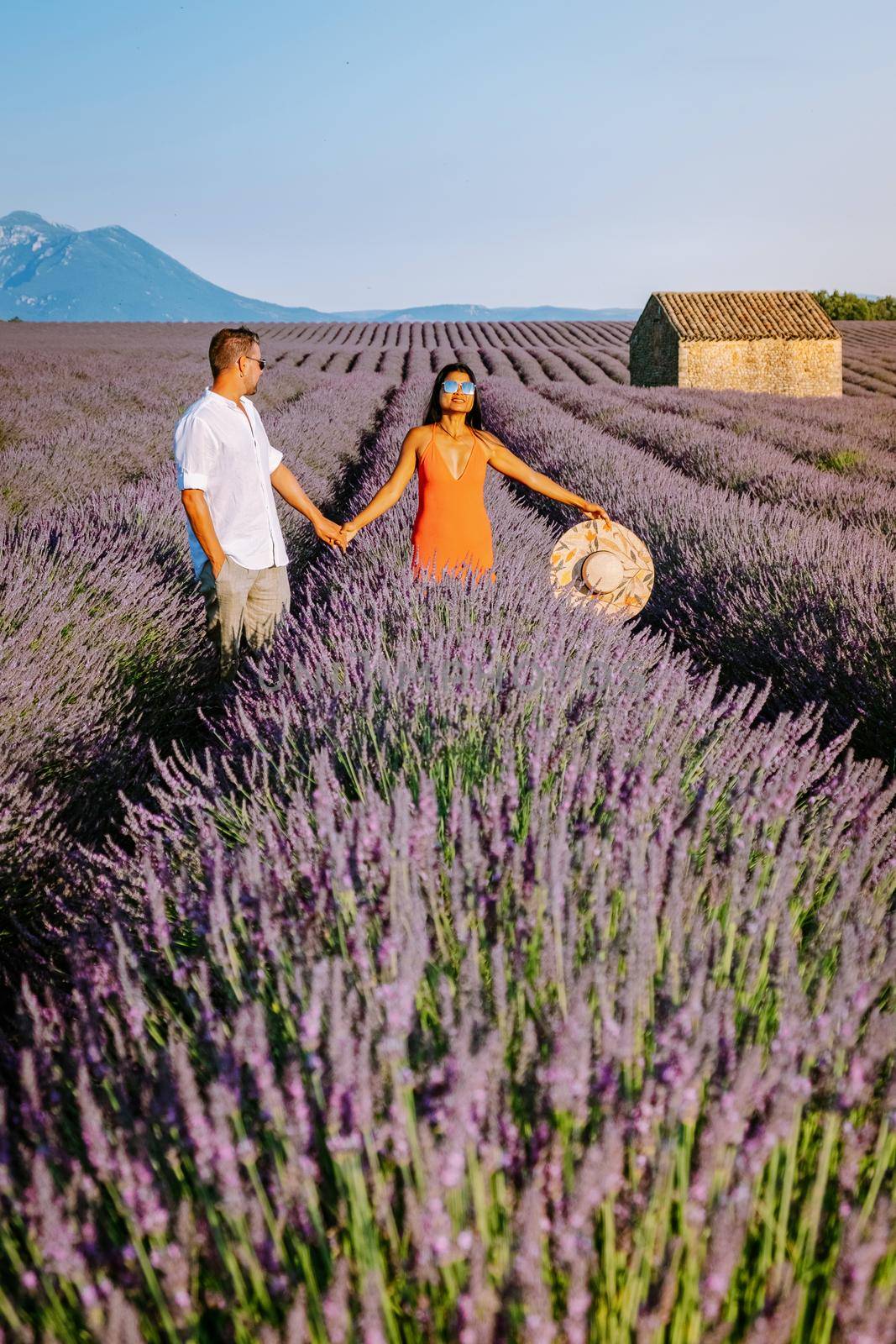 Provence, Lavender field France, Valensole Plateau, colorful field of Lavender Valensole Plateau, Provence, Southern France. Lavender field. Europe. Couple men and woman on vacation at the provence lavender fields,