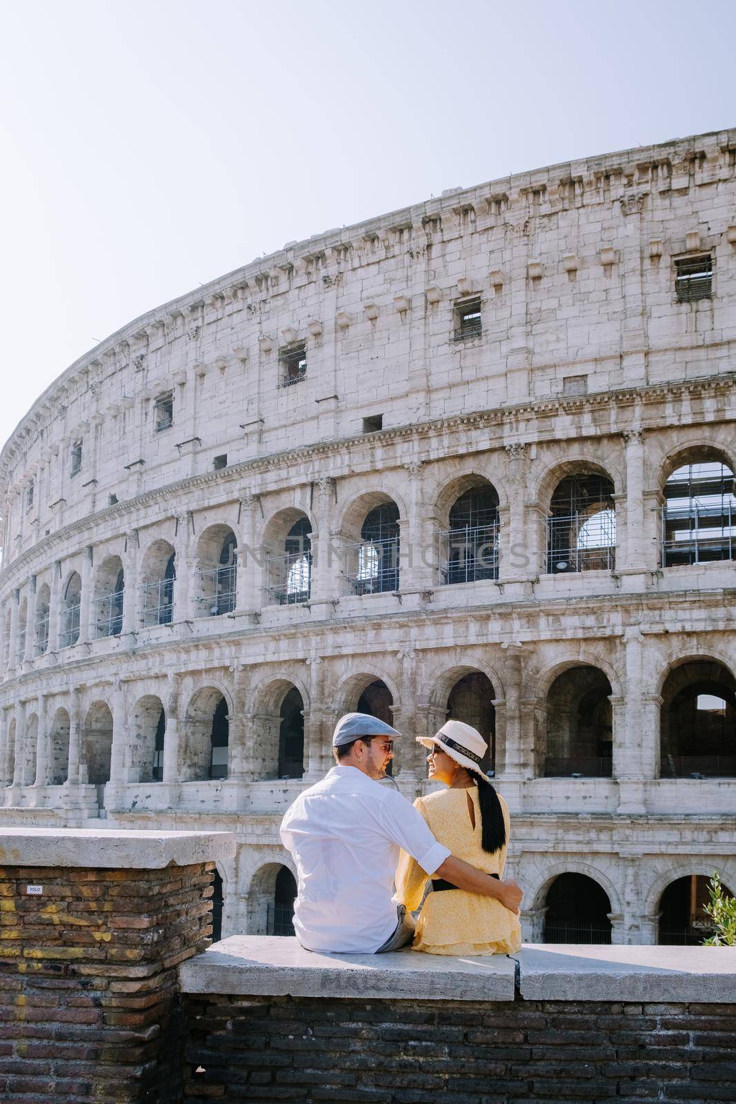 View of Colosseum in Rome and morning sun, Italy, Europe. 