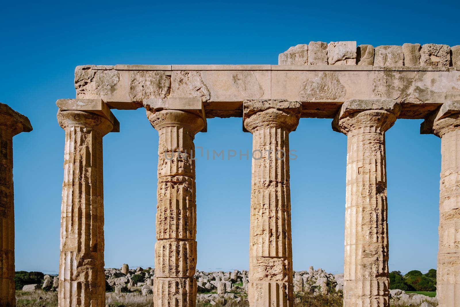 Greek temples at Selinunte, View on sea and ruins of greek columns in Selinunte Archaeological Park Sicily Italy