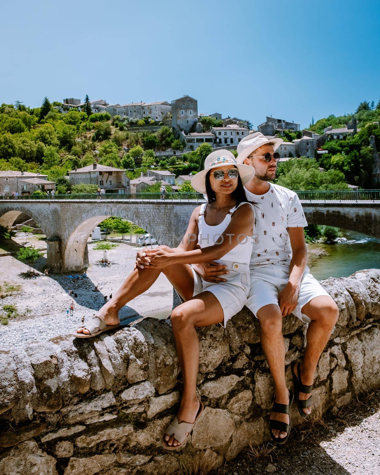 couple visit Ardeche France, view of the village of Balazuc in Ardeche. France by fokkebok