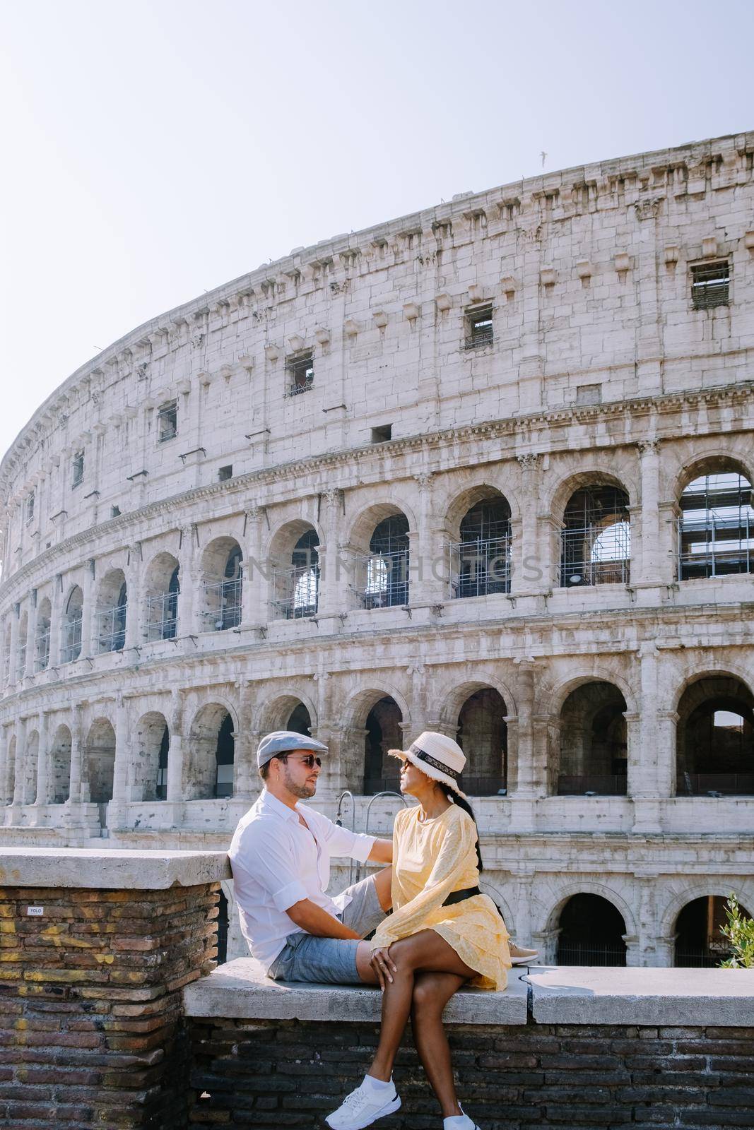 View of Colosseum in Rome and morning sun, Italy, Europe. 