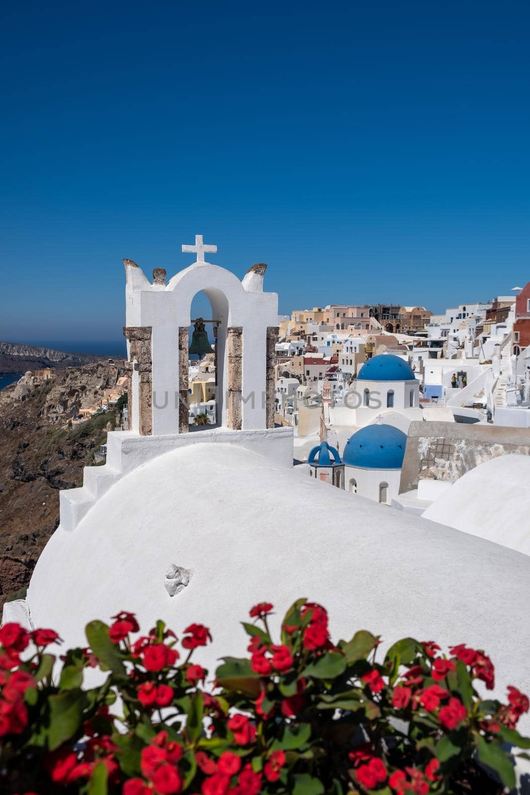 Santorini, Greece. Picturesq view of traditional cycladic Santorini houses on small street with flowers in foreground. Location: Oia village, Santorini, Greece. Vacations background. by fokkebok