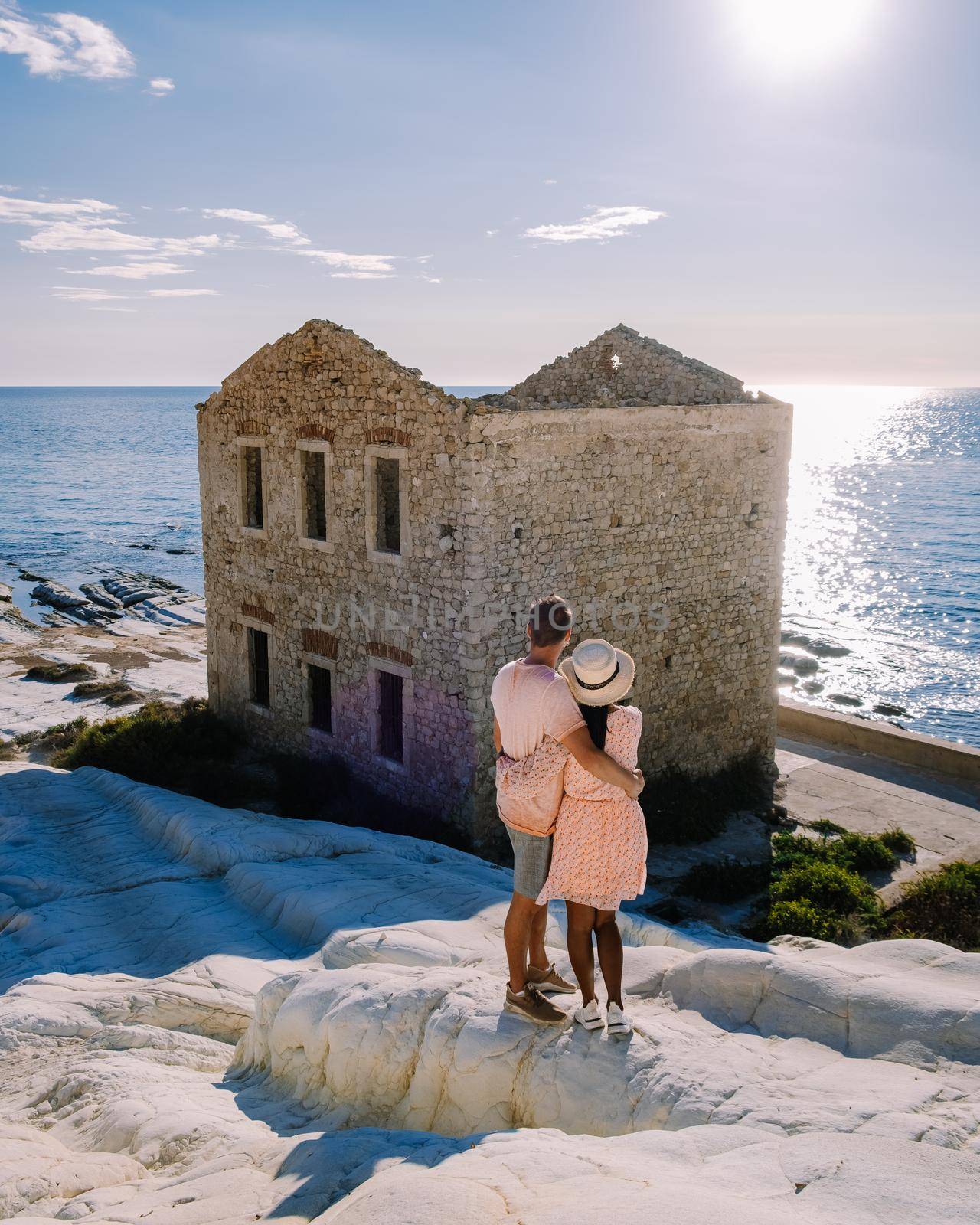 Punta Bianca, Agrigento in Sicily Italy White beach with old ruins of abandoned stone house on white cliffs by fokkebok