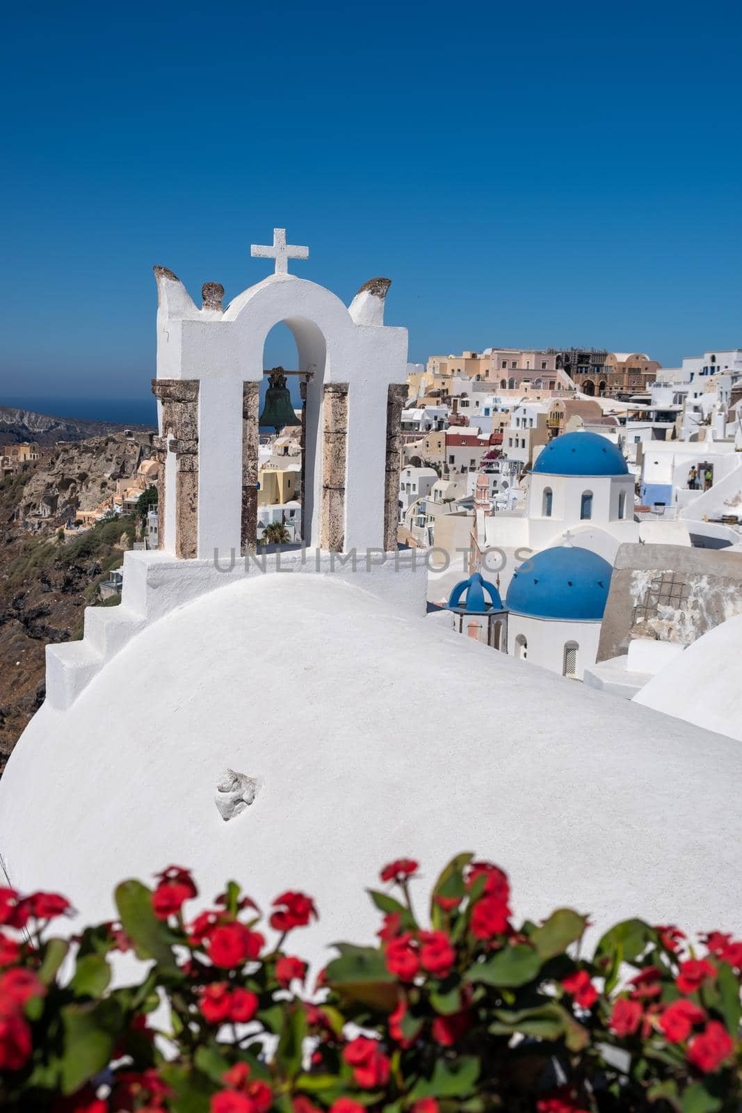 Santorini, Greece. Picturesq view of traditional cycladic Santorini houses on small street with flowers in foreground. Location: Oia village, Santorini, Greece. Vacations background. by fokkebok