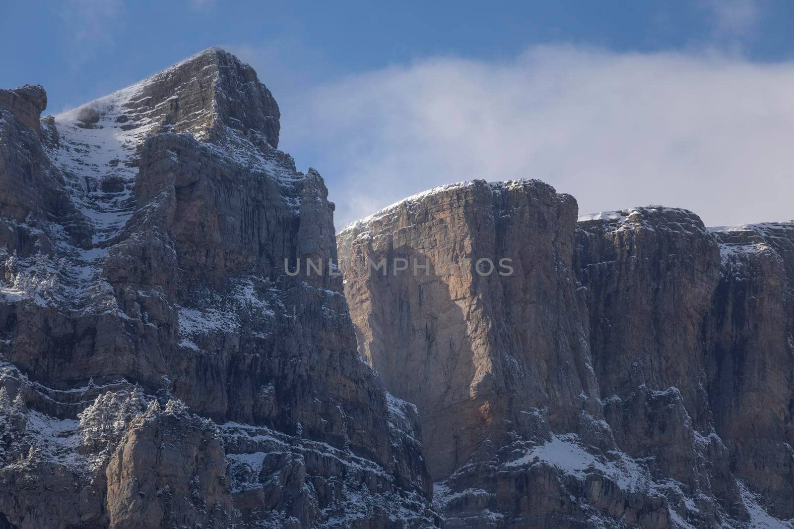 Snowy mountains landscape in the Aragonese Pyrenees. Selva de Oza valley, Hecho and Anso, Huesca, Spain.