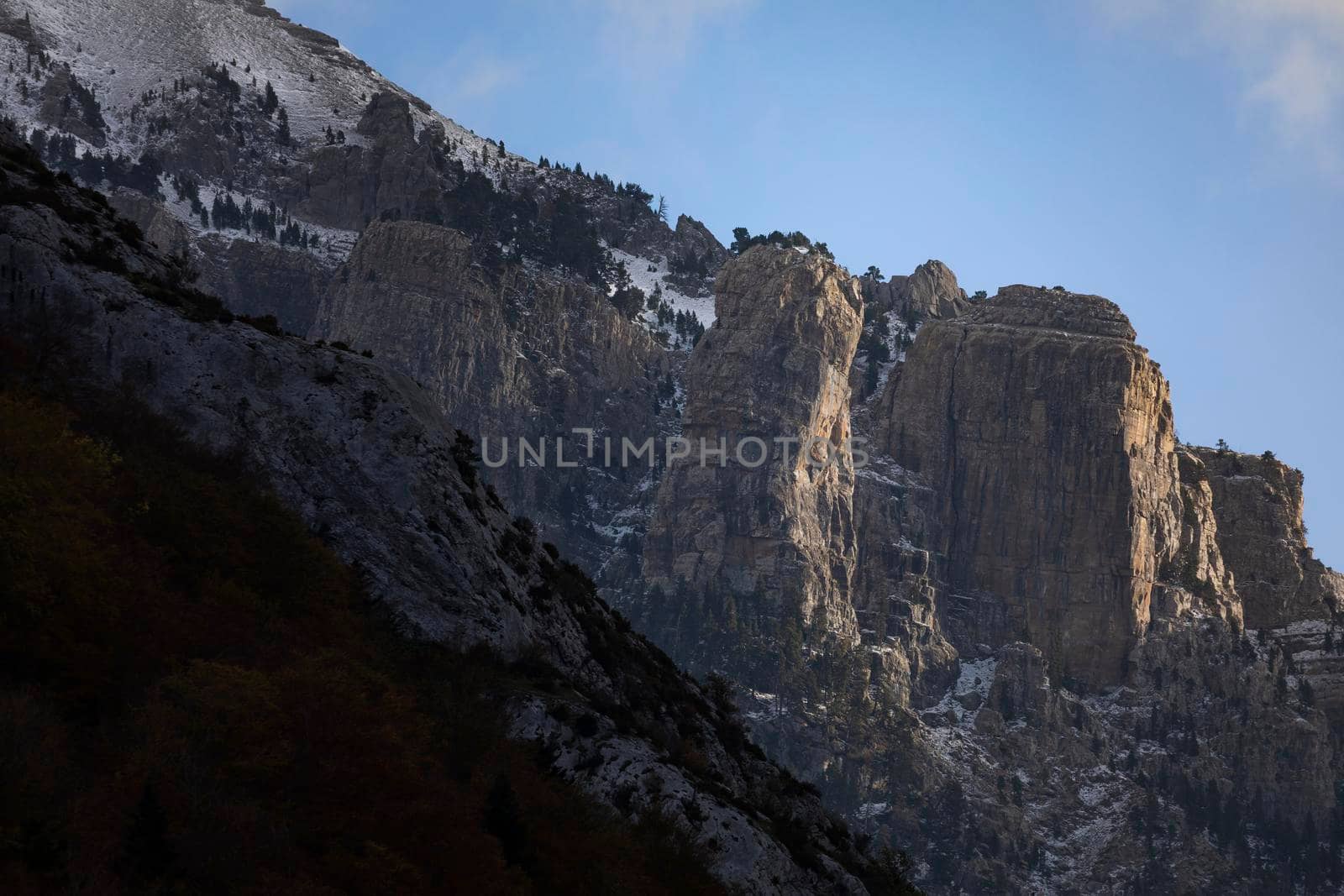 Snowy mountains landscape in the Aragonese Pyrenees. Selva de Oza valley, Hecho and Anso, Huesca, Spain.