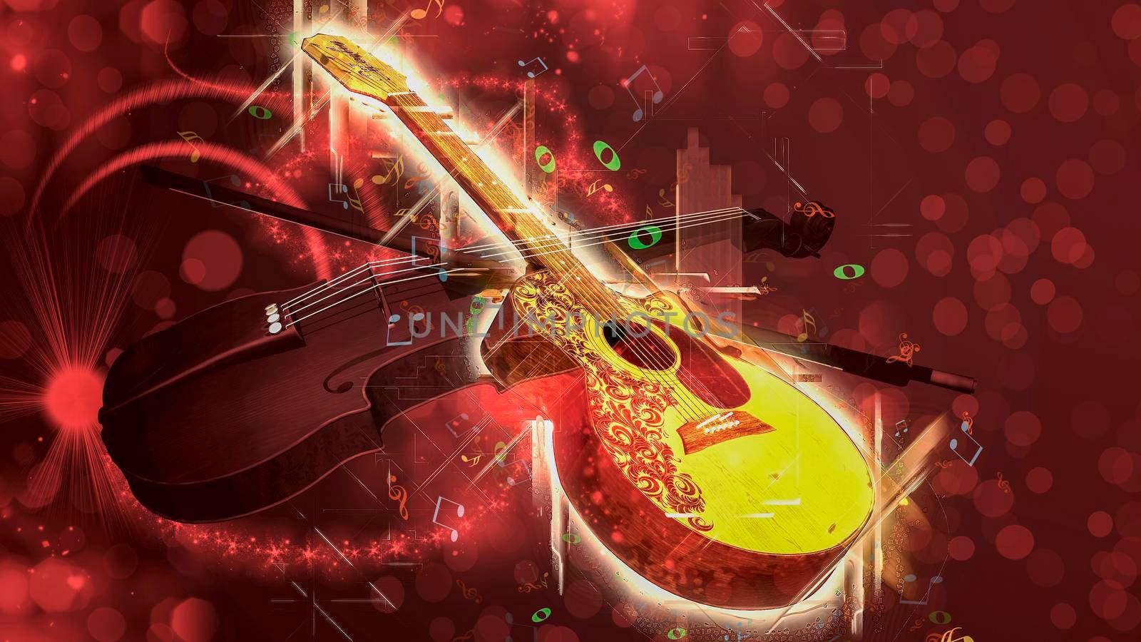 Acoustic classical guitar and violin on black background with music notes - 3d rendering