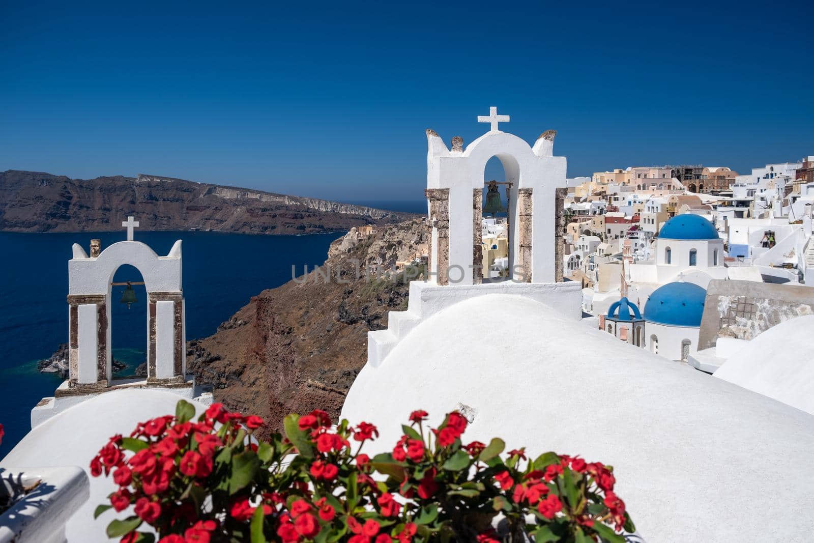 Santorini, Greece. Picturesq view of traditional cycladic Santorini houses on small street with flowers in foreground. Location: Oia village, Santorini, Greece. Vacations background Europe