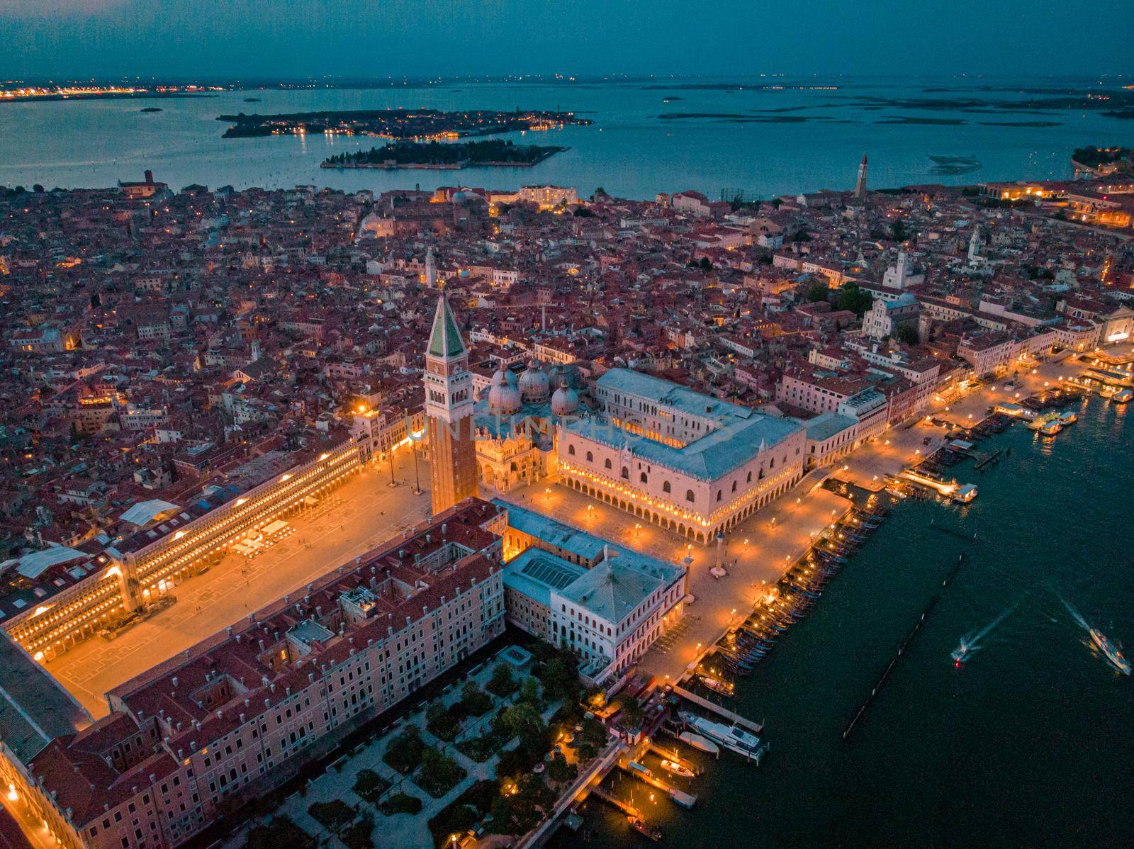 Venice from above with drone, Aerial drone photo of iconic and unique Saint Mark's square or Piazza San Marco featuring Doge's Palace, Basilica and Campanile, Venice, Italy by fokkebok