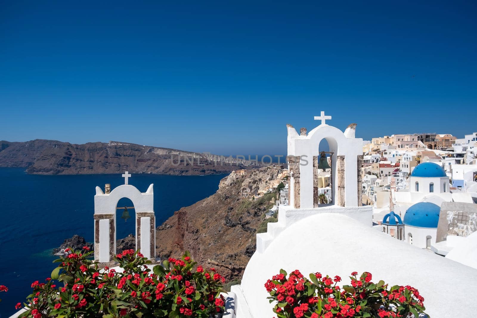 Santorini, Greece. Picturesq view of traditional cycladic Santorini houses on small street with flowers in foreground. Location: Oia village, Santorini, Greece. Vacations background Europe